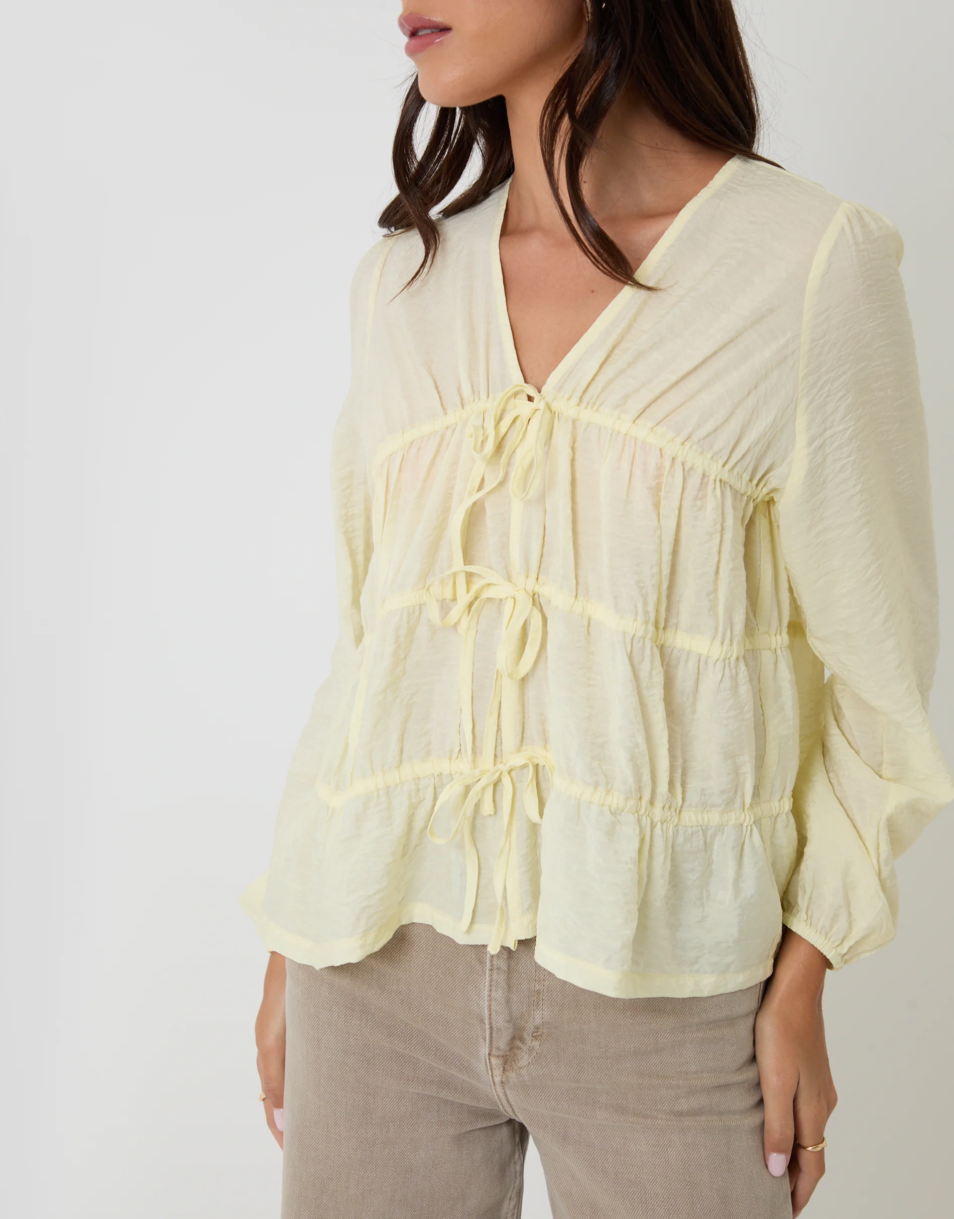 Long Sleeve Tie Front Blouse in Yellow - Image 4
