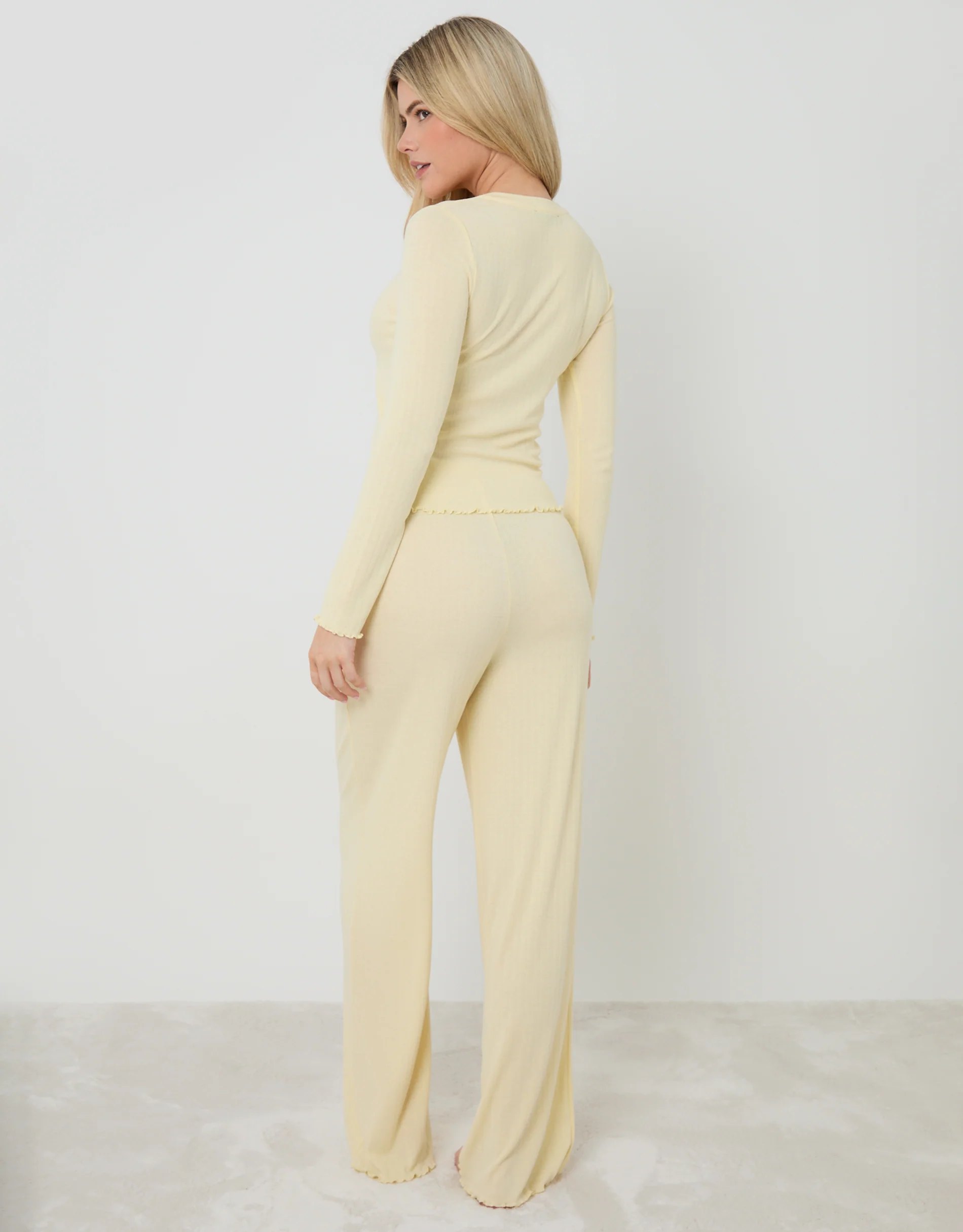 Pointelle Long Sleeve Henley Pyjama Set in Yellow - Image 4