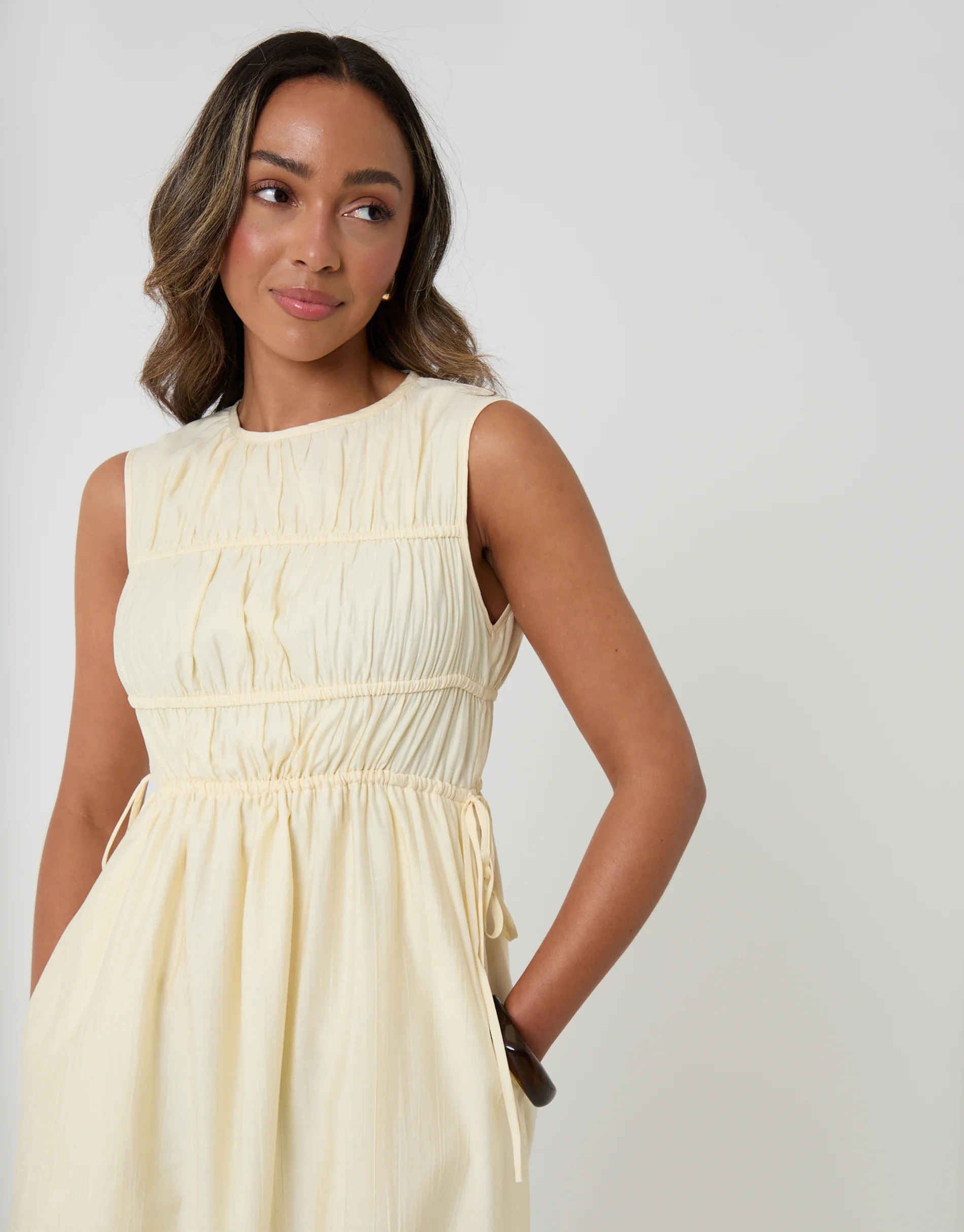 Ruched Drawstring Midi Dress in Yellow - Image 3