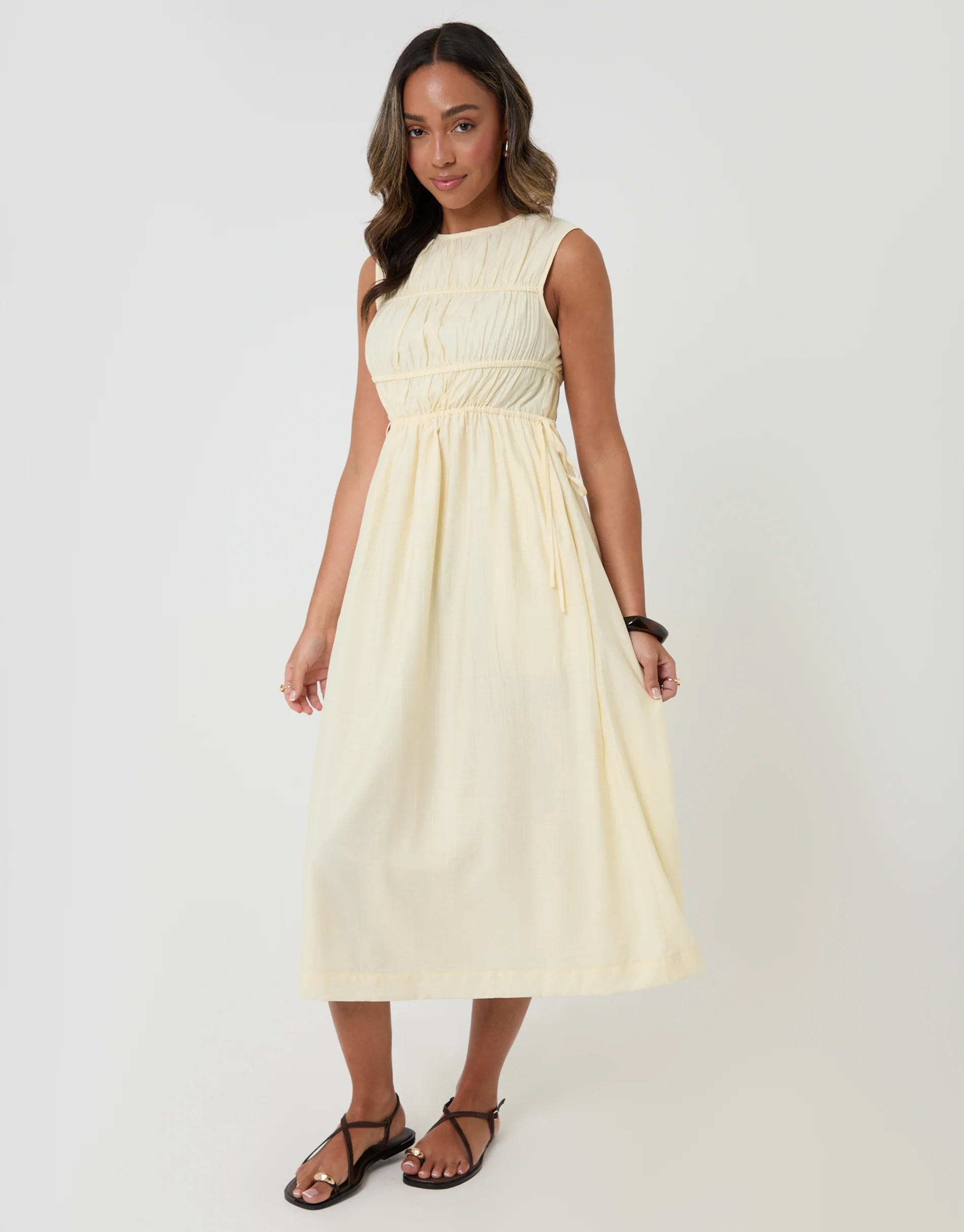 Ruched Drawstring Midi Dress in Yellow - Image 4