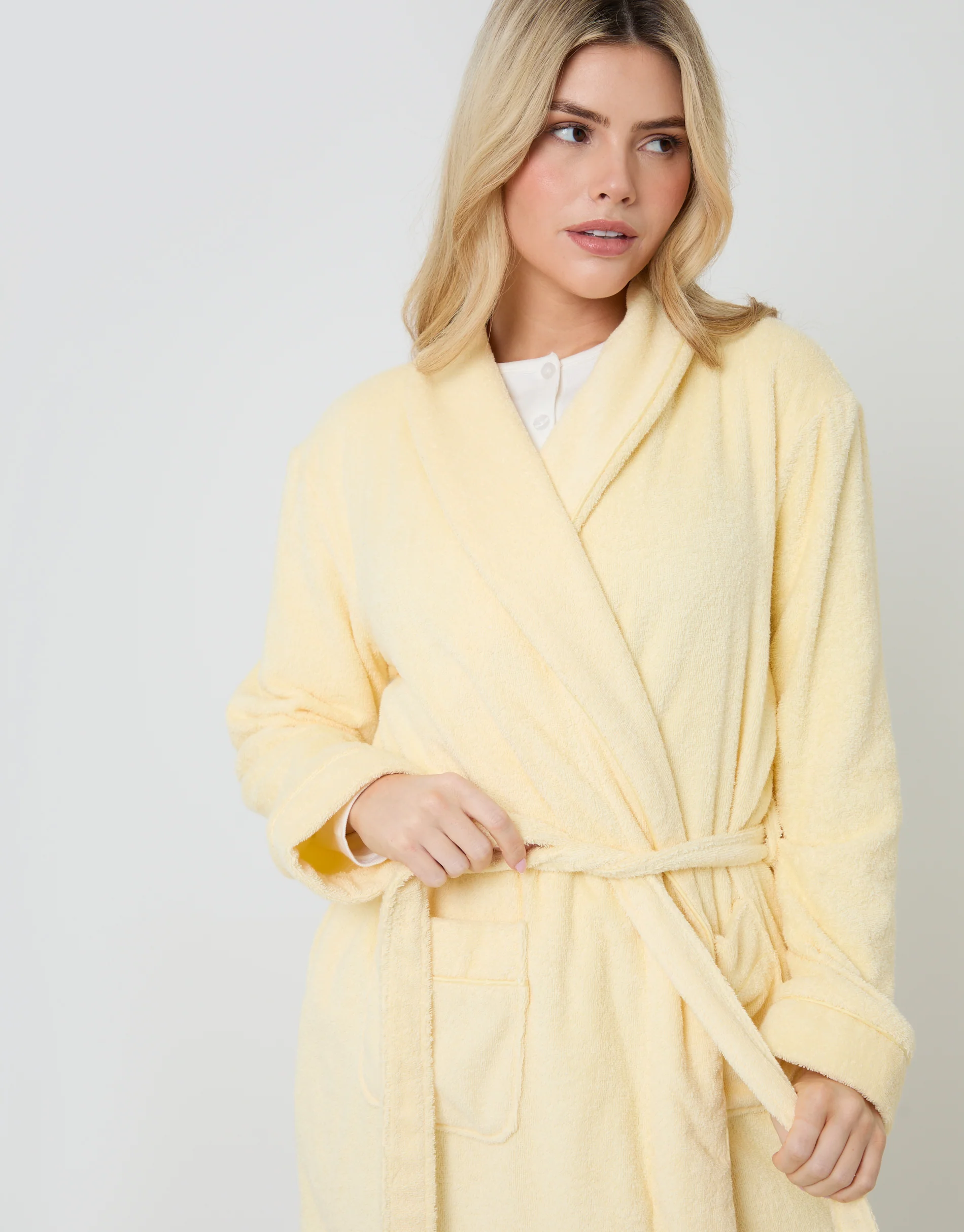 Towelling Midi Dressing Gown in Yellow - Image 3