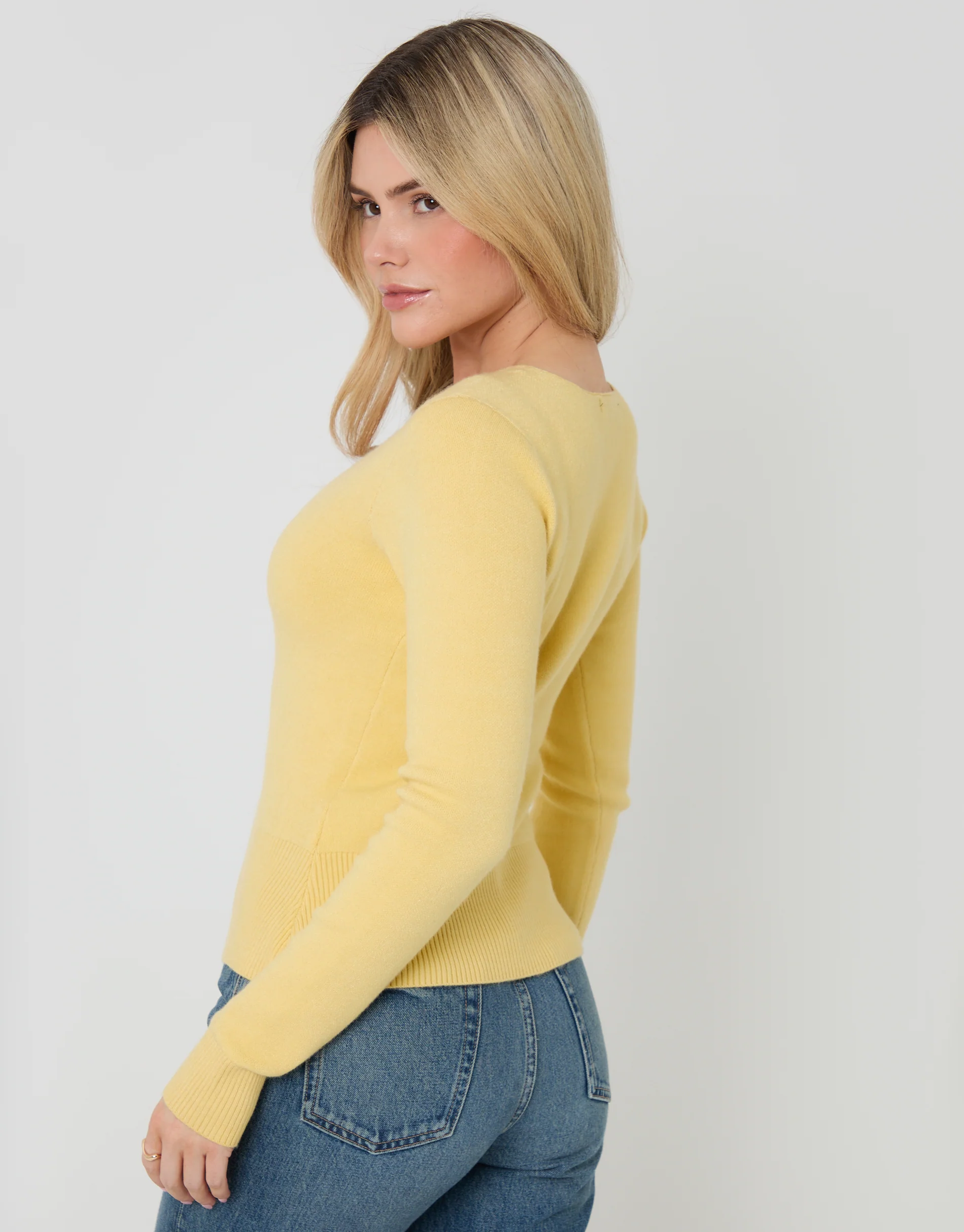 V Neck Compact Knitted Cardigan in Yellow - Image 2