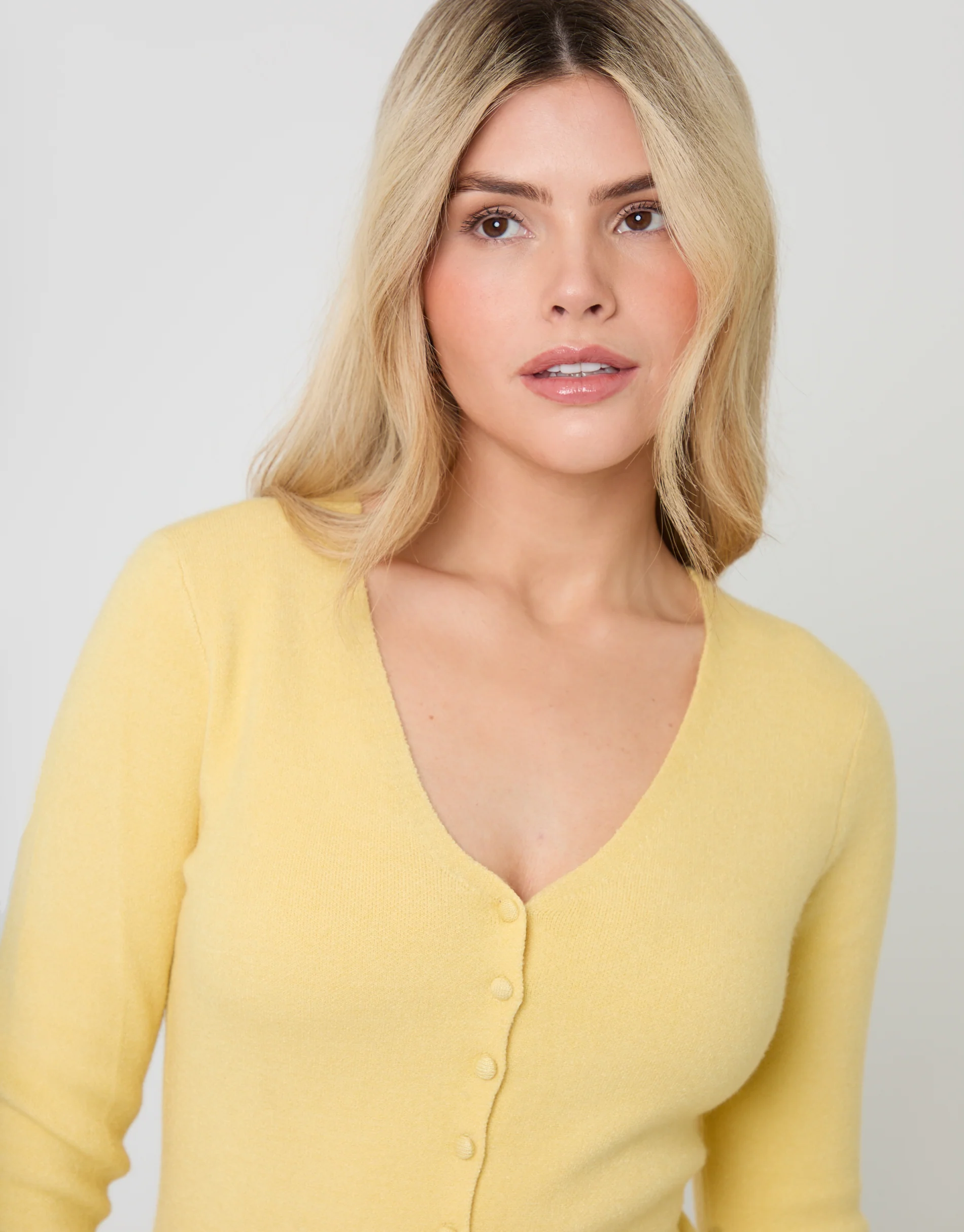 V Neck Compact Knitted Cardigan in Yellow - Image 4
