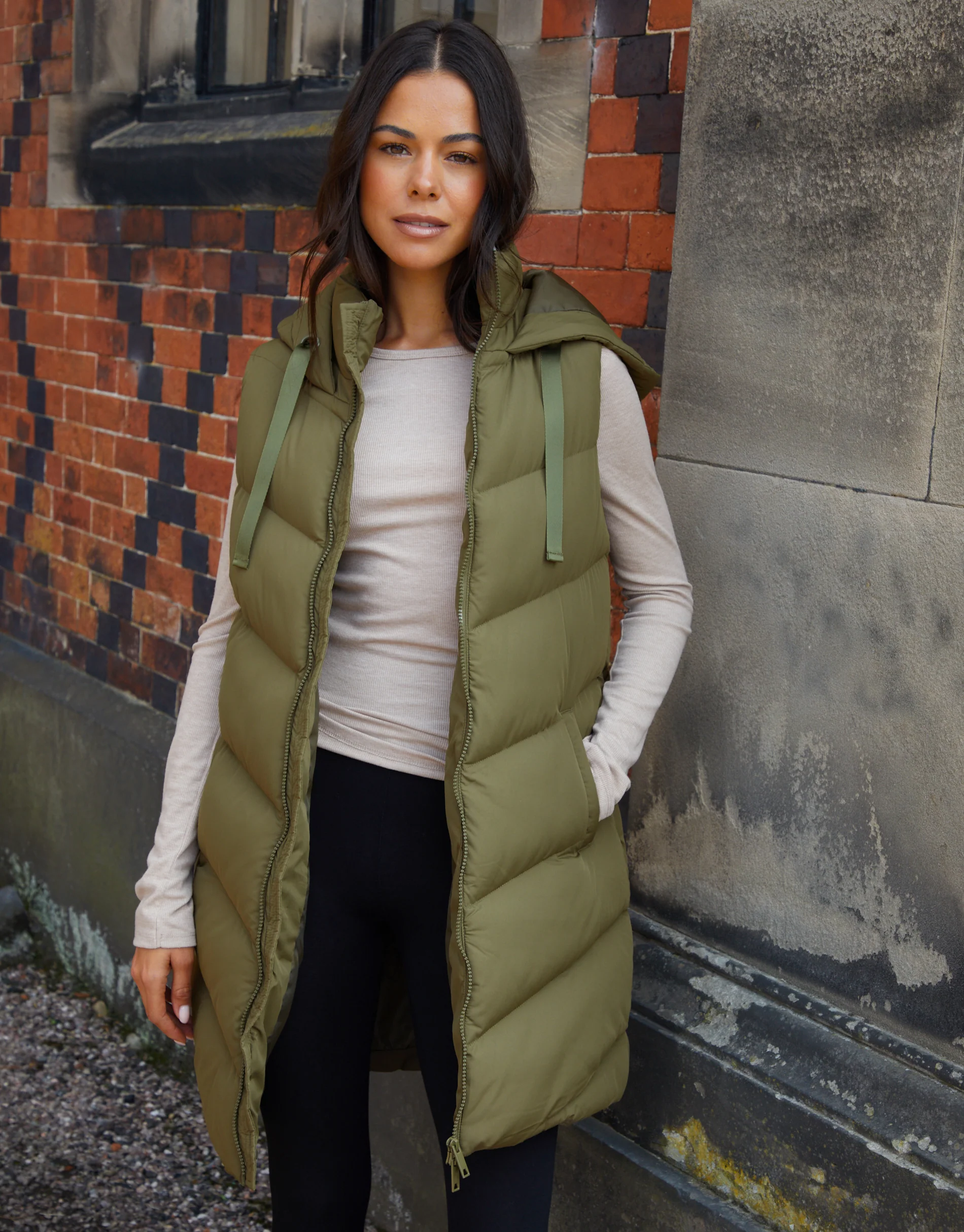 Longline Padded Gilet in Khaki Green