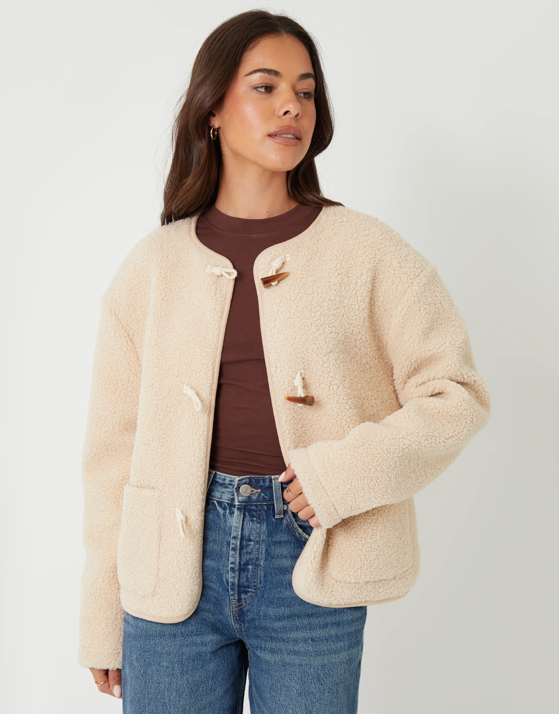 Fleece Borg Toggle Jacket in Beige - Image 2