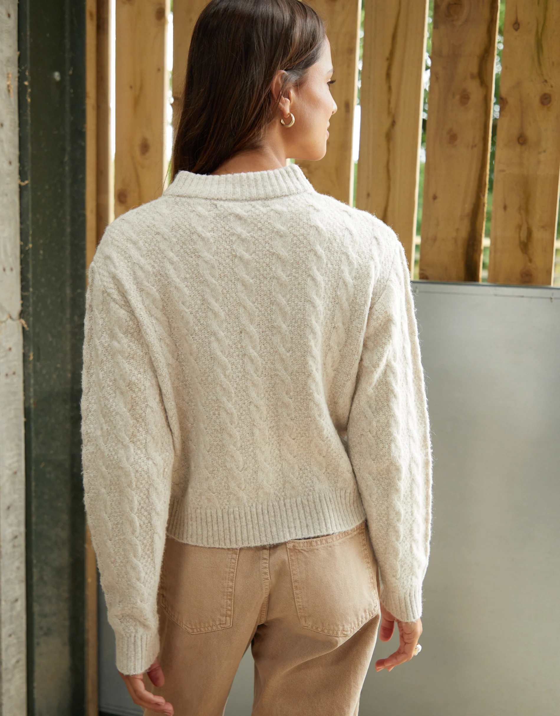 Cable Knit Zip-Up Bomber Jacket in Beige - Image 2