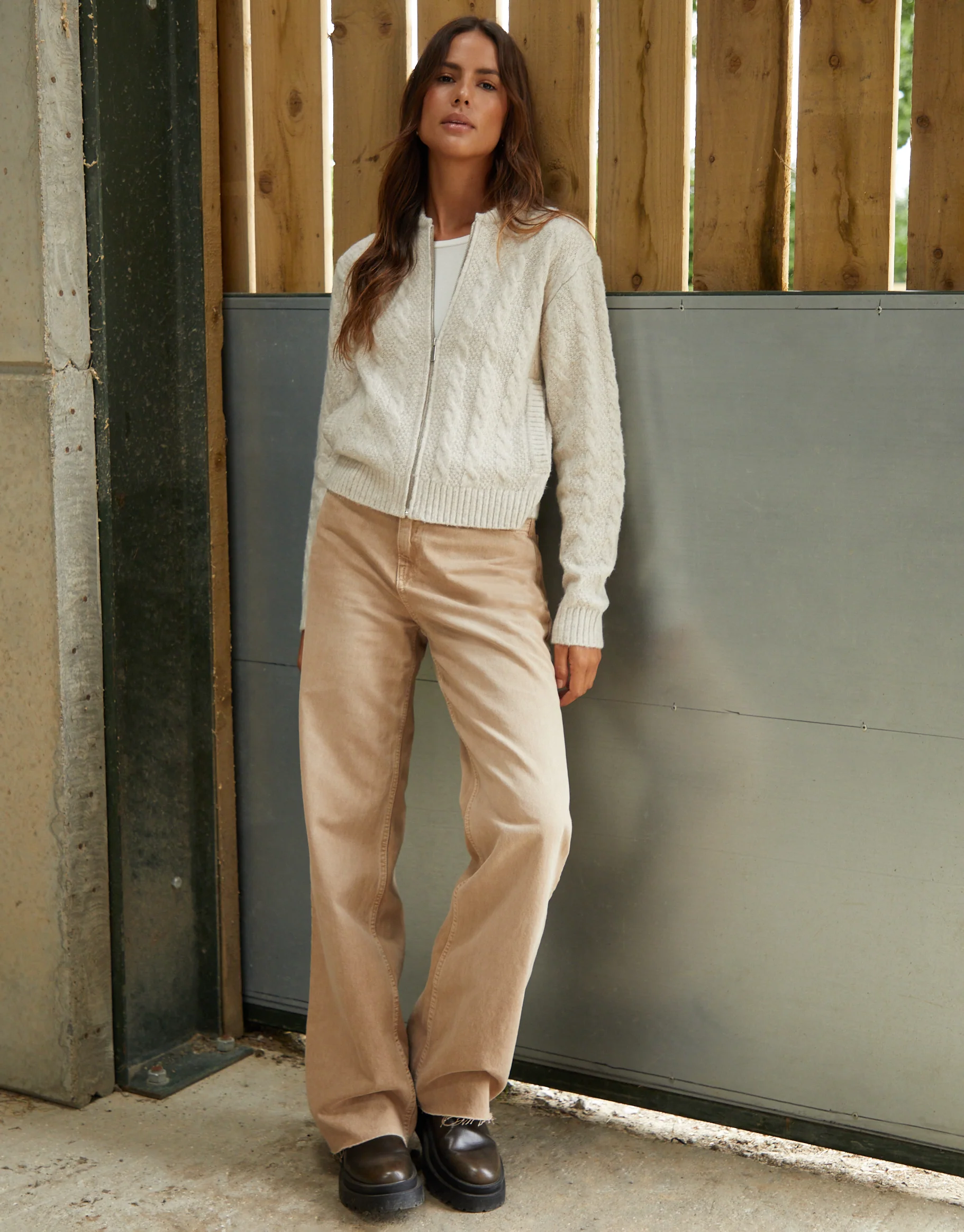 Cable Knit Zip-Up Bomber Jacket in Beige - Image 3