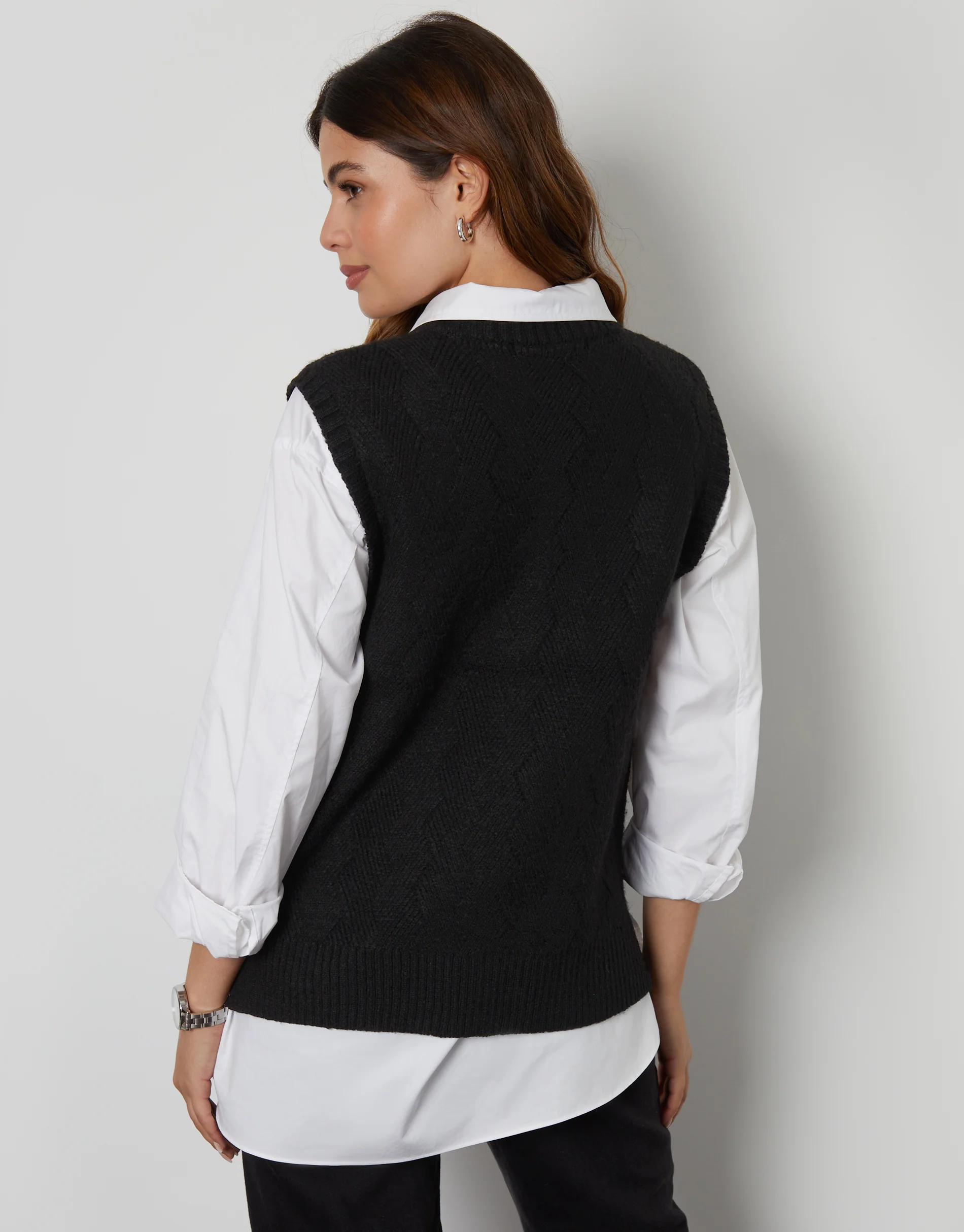 Basket Stitch Knitted High Neck Vest in Black - Image 2