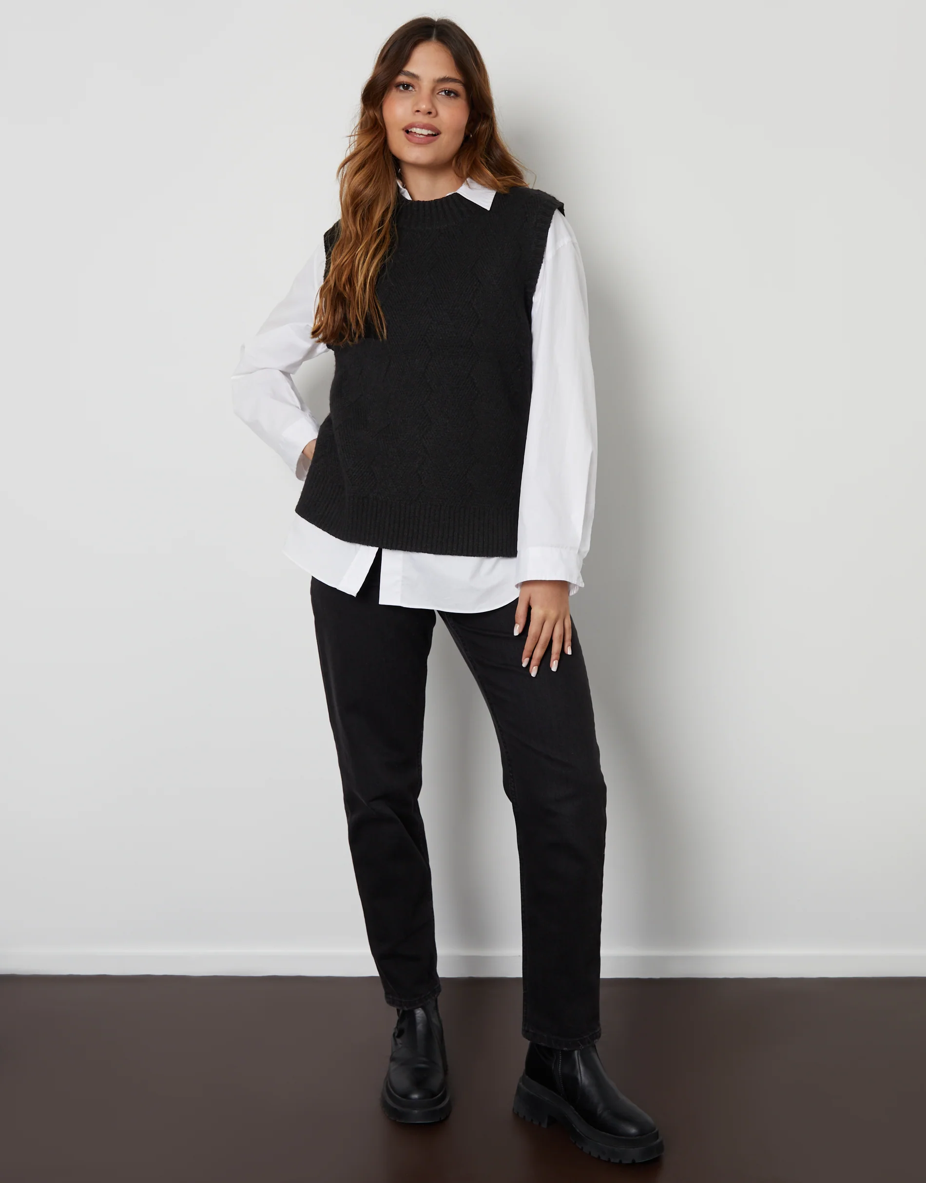 Basket Stitch Knitted High Neck Vest in Black - Image 3