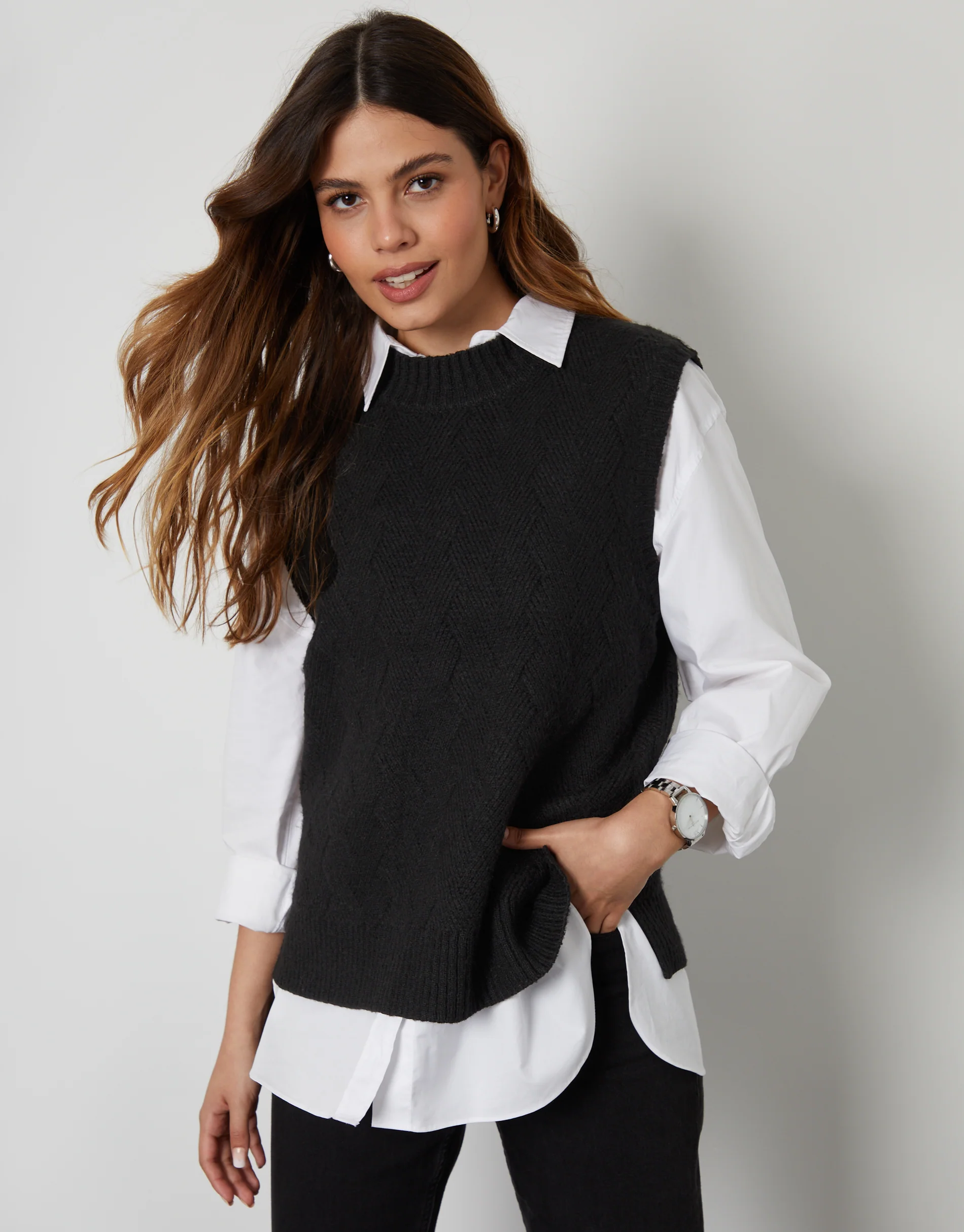 Basket Stitch Knitted High Neck Vest in Black - Image 5