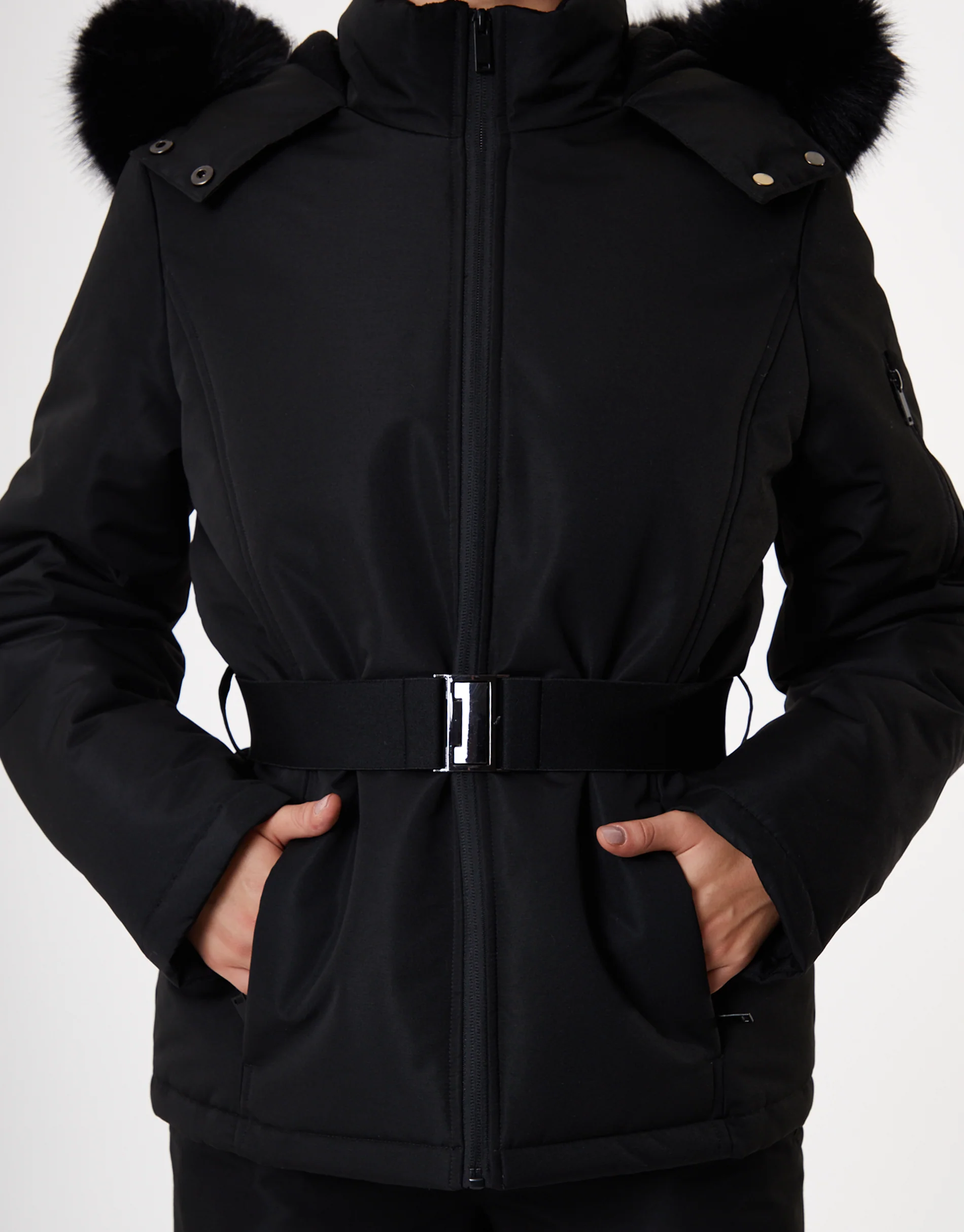 Belted Padded Ski Jacket in Black - Image 3
