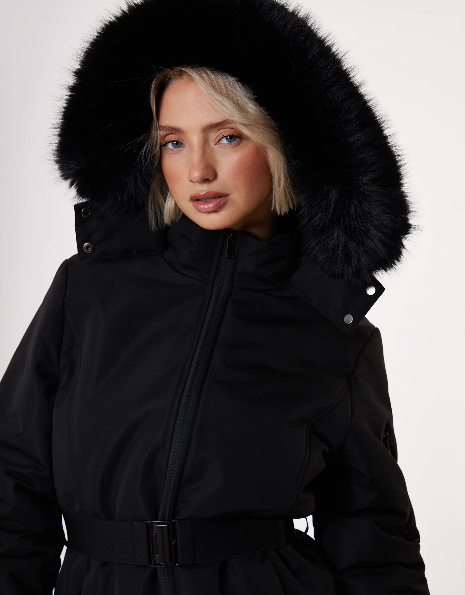 Belted Padded Ski Jacket in Black - Image 5