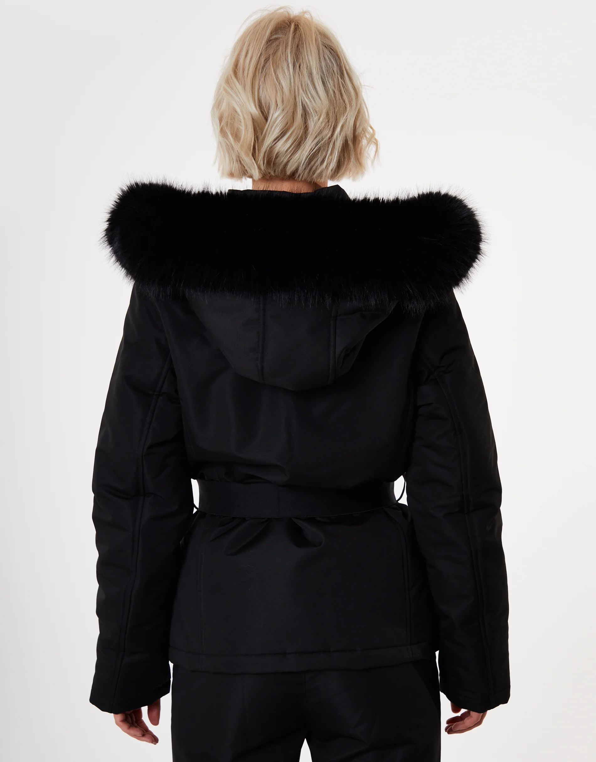 Belted Padded Ski Jacket in Black - Image 8