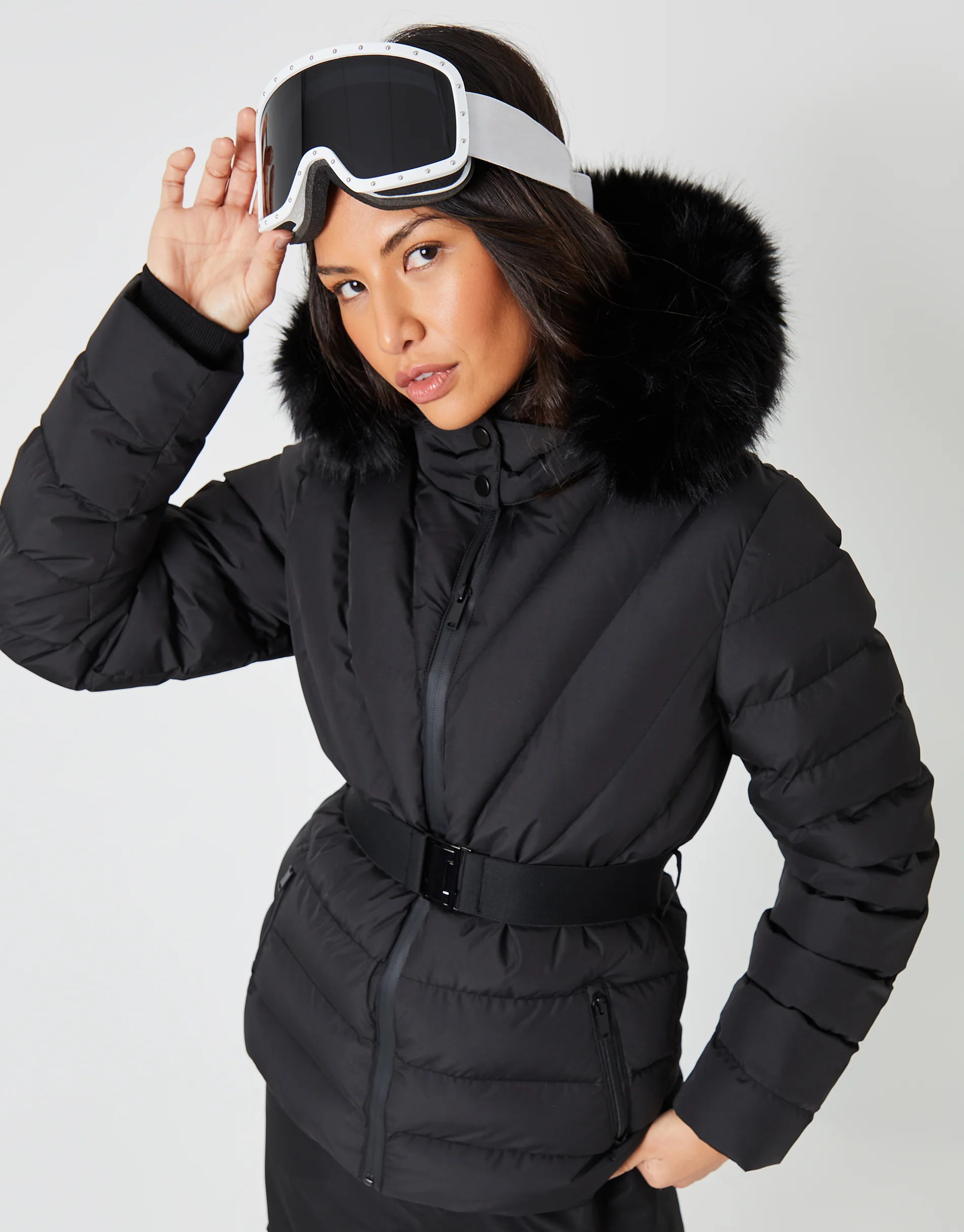 Belted Puffer Ski Jacket in Black