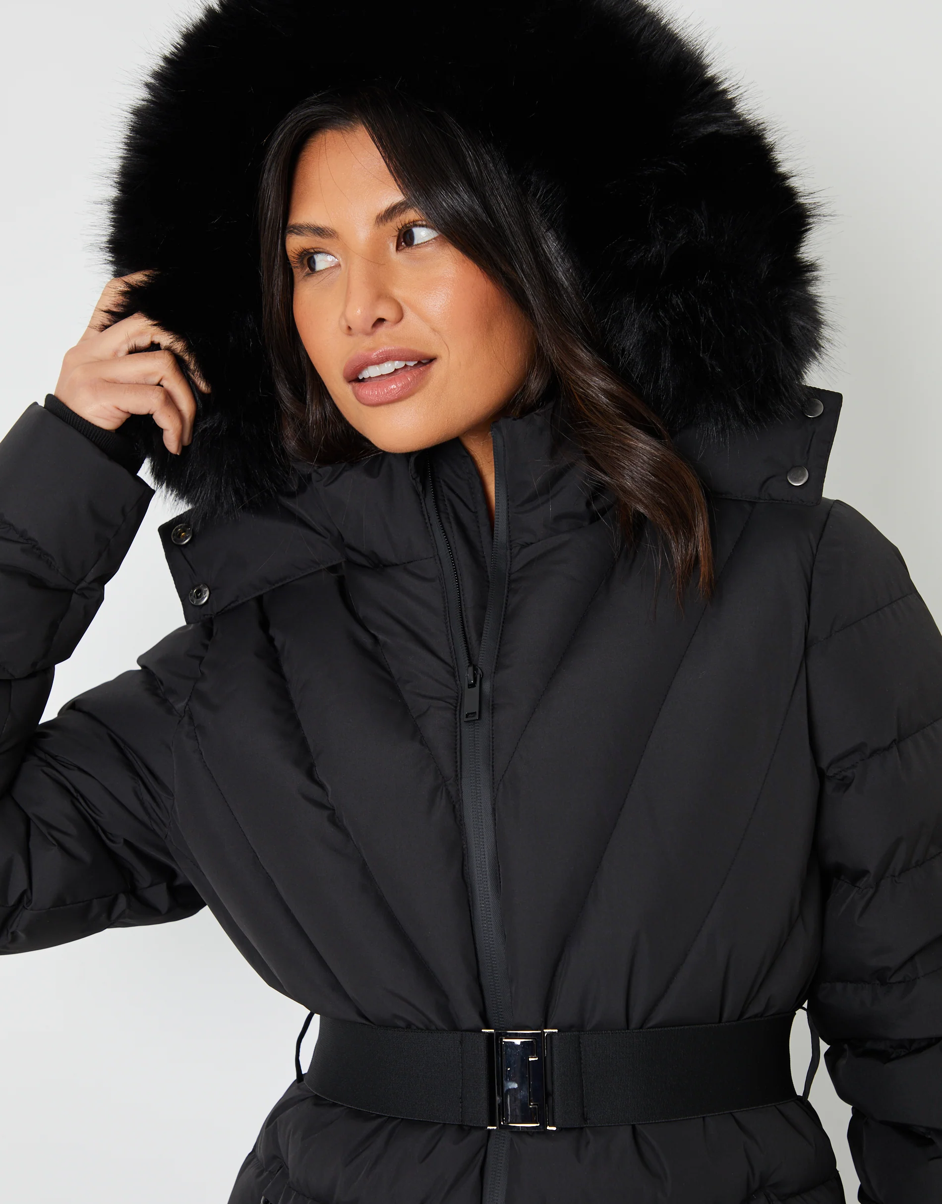 Belted Puffer Ski Jacket in Black - Image 2