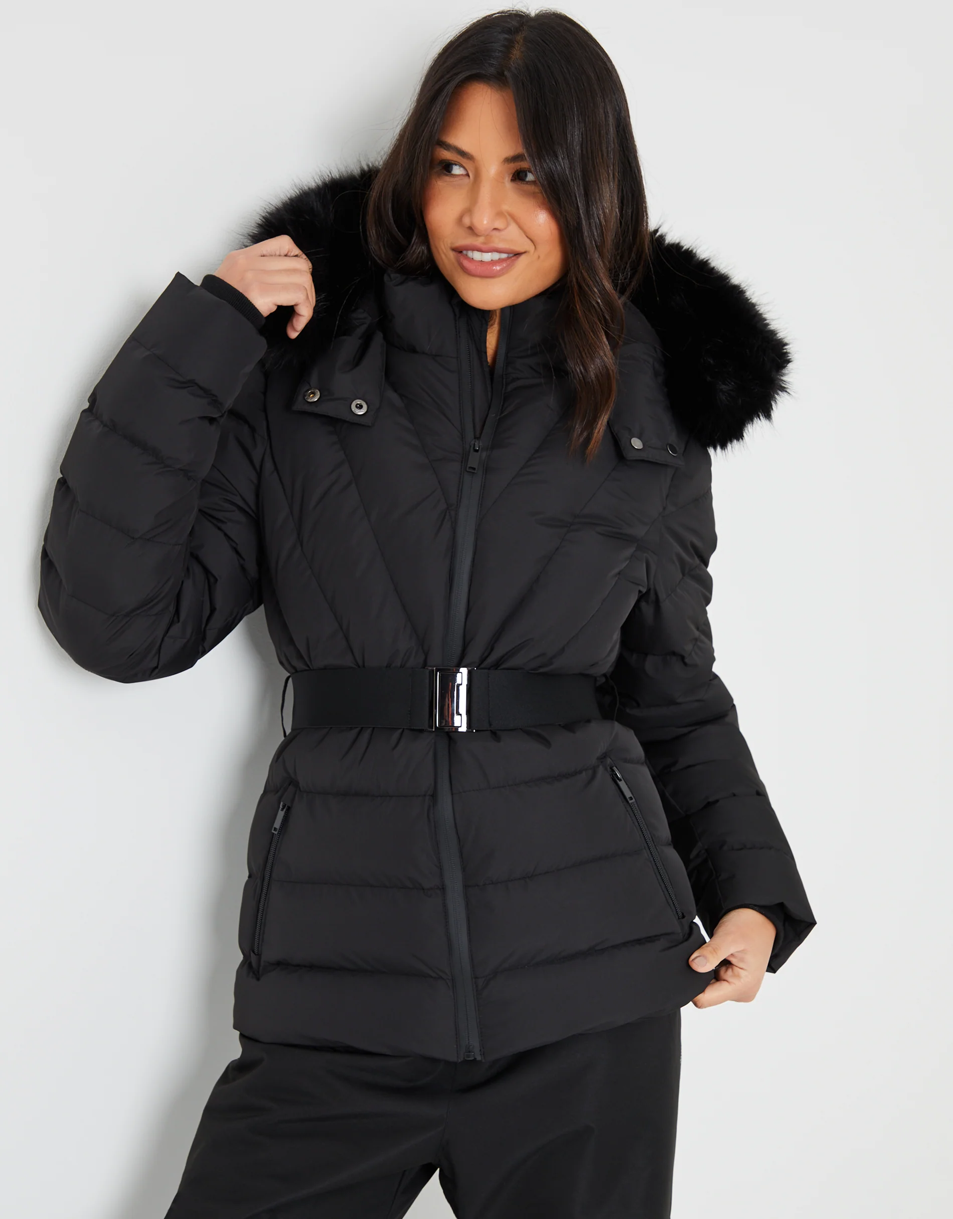 Belted Puffer Ski Jacket in Black - Image 4