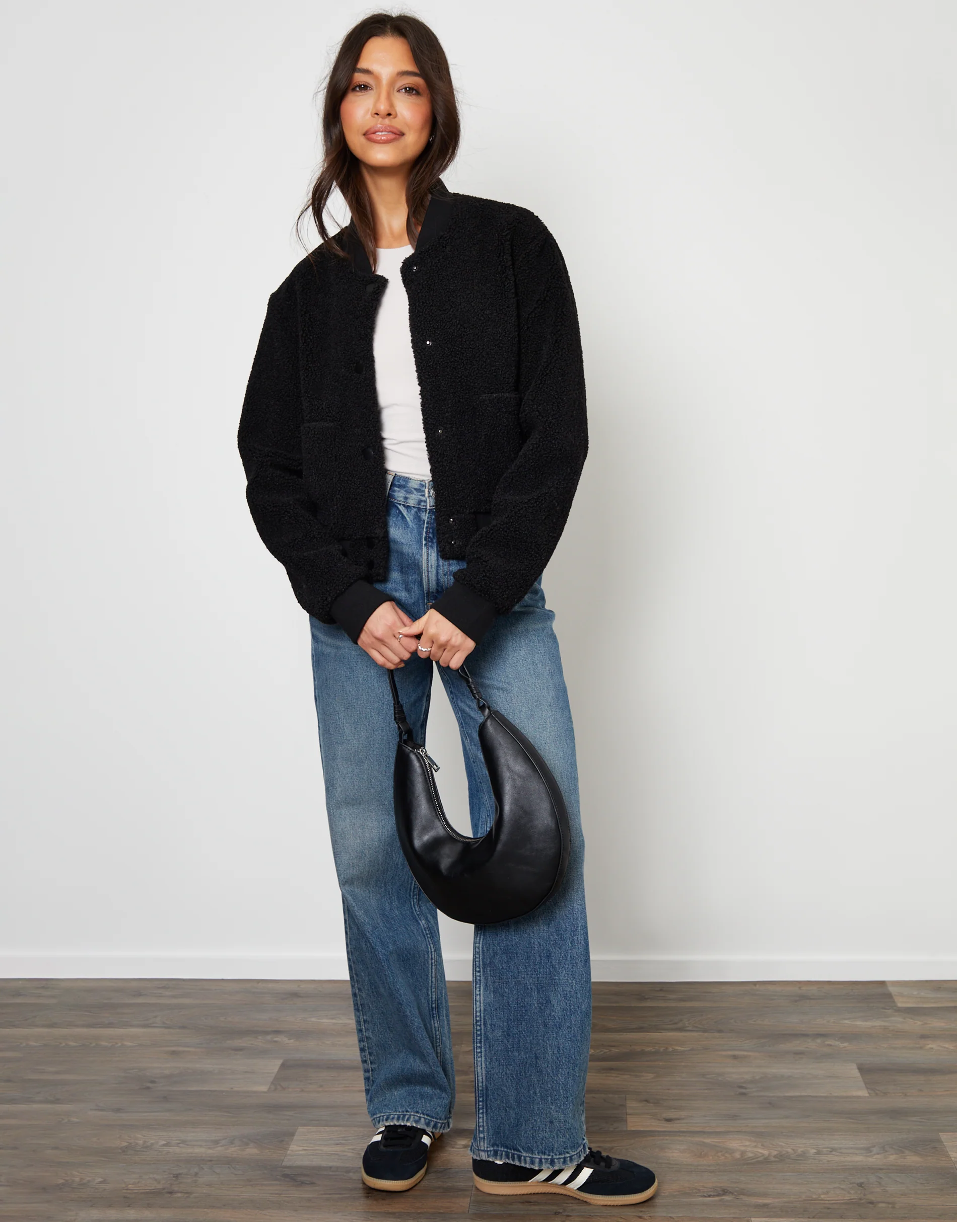 Borg Bomber Jacket in Black - Image 3
