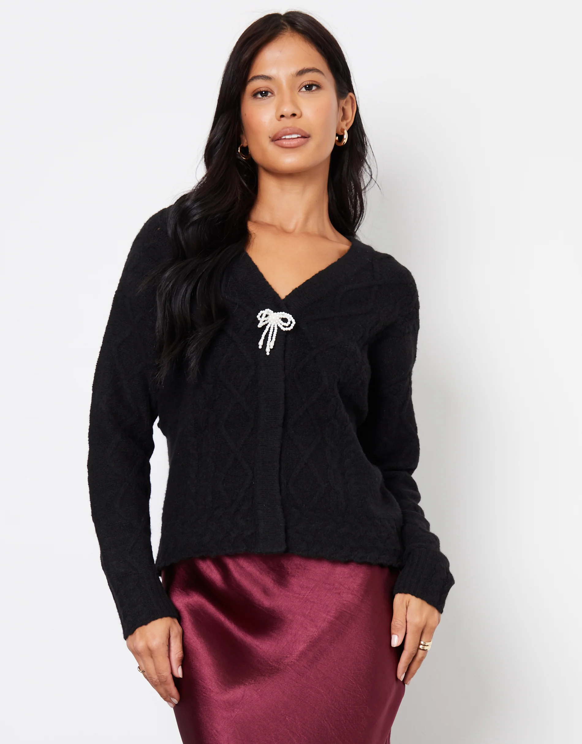 Bow Detail Cable Knit Cardigan in Black - Image 3