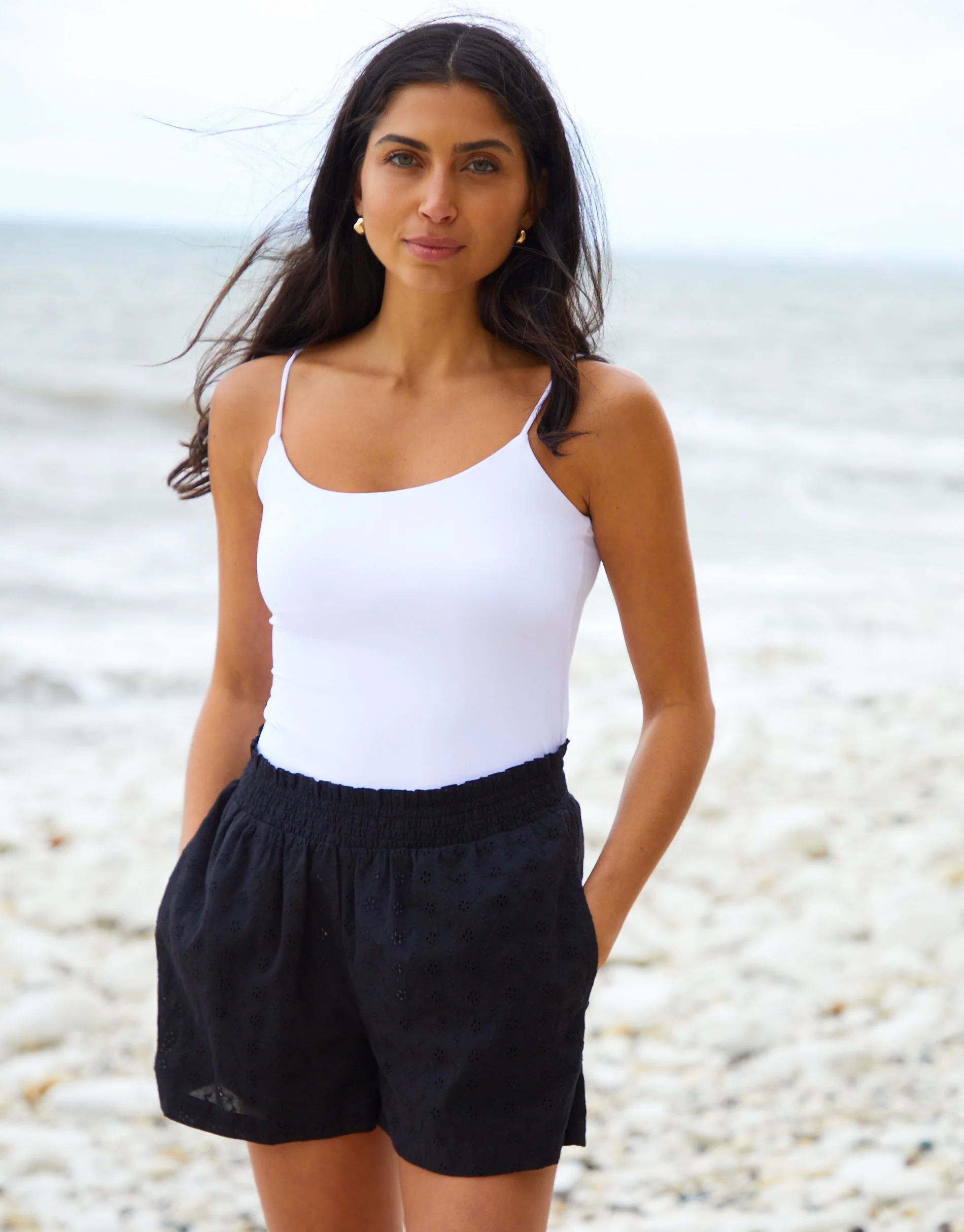 Broderie Detail Beach Cover-Up Shorts in Black - Image 3
