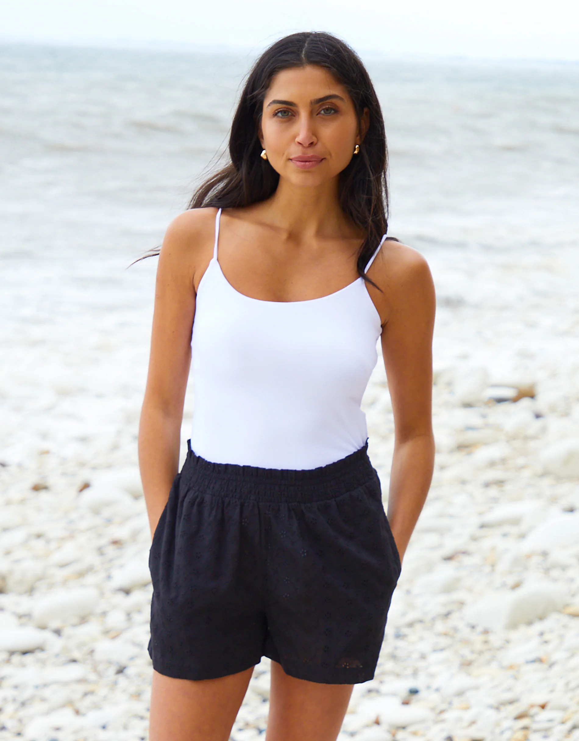 Broderie Detail Beach Cover-Up Shorts in Black - Image 5