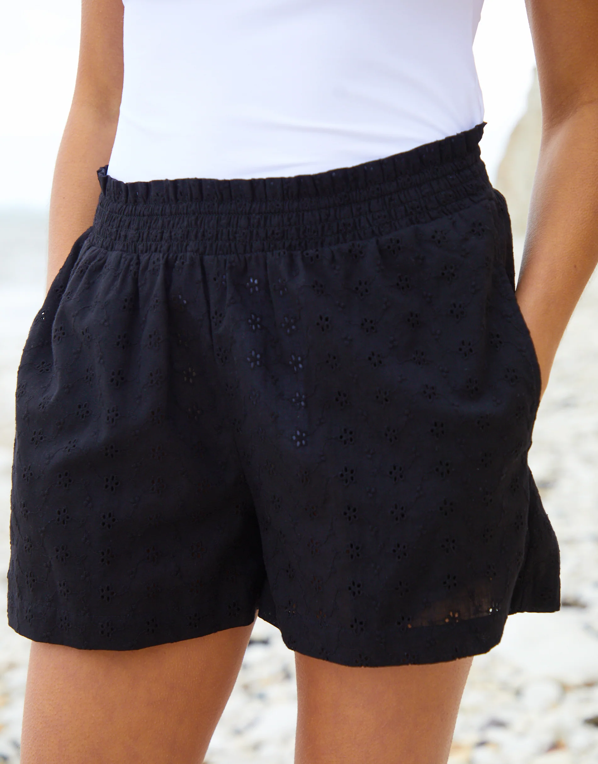 Broderie Detail Beach Cover-Up Shorts in Black - Image 8