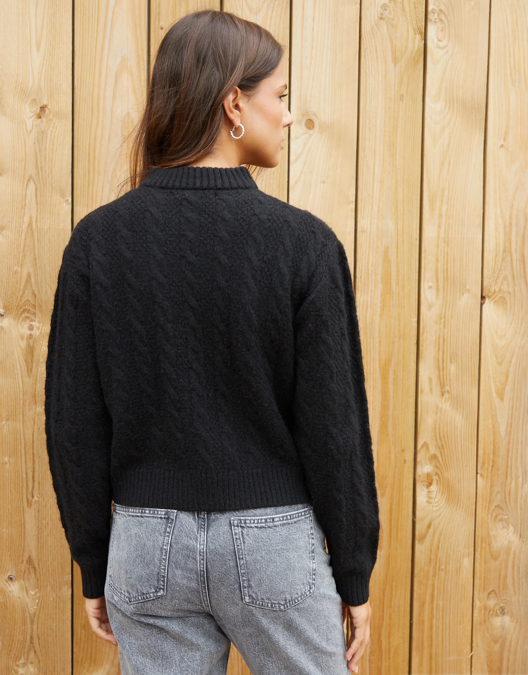 Cable Knit Zip-Up Bomber Jacket in Black - Image 2