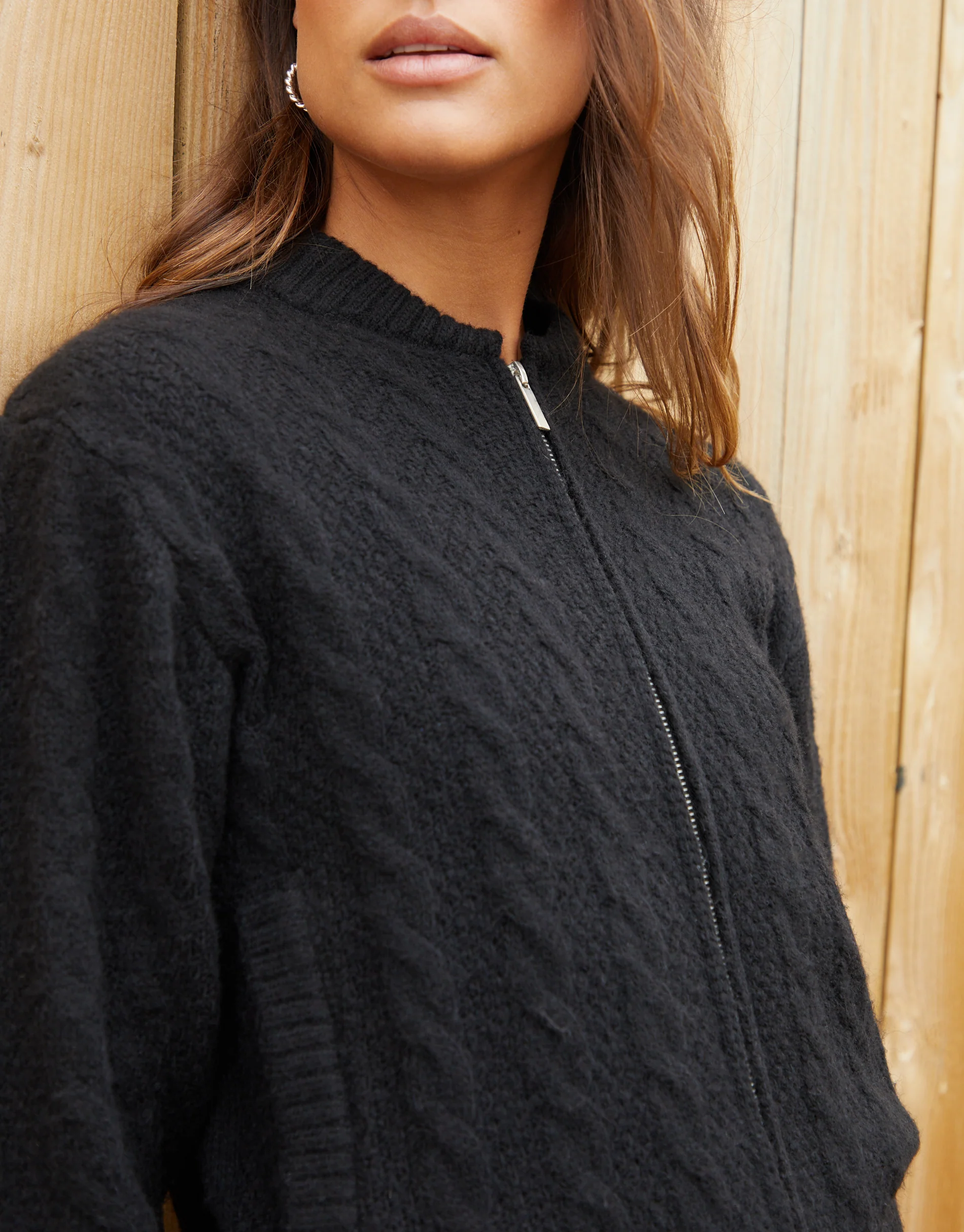 Cable Knit Zip-Up Bomber Jacket in Black - Image 4