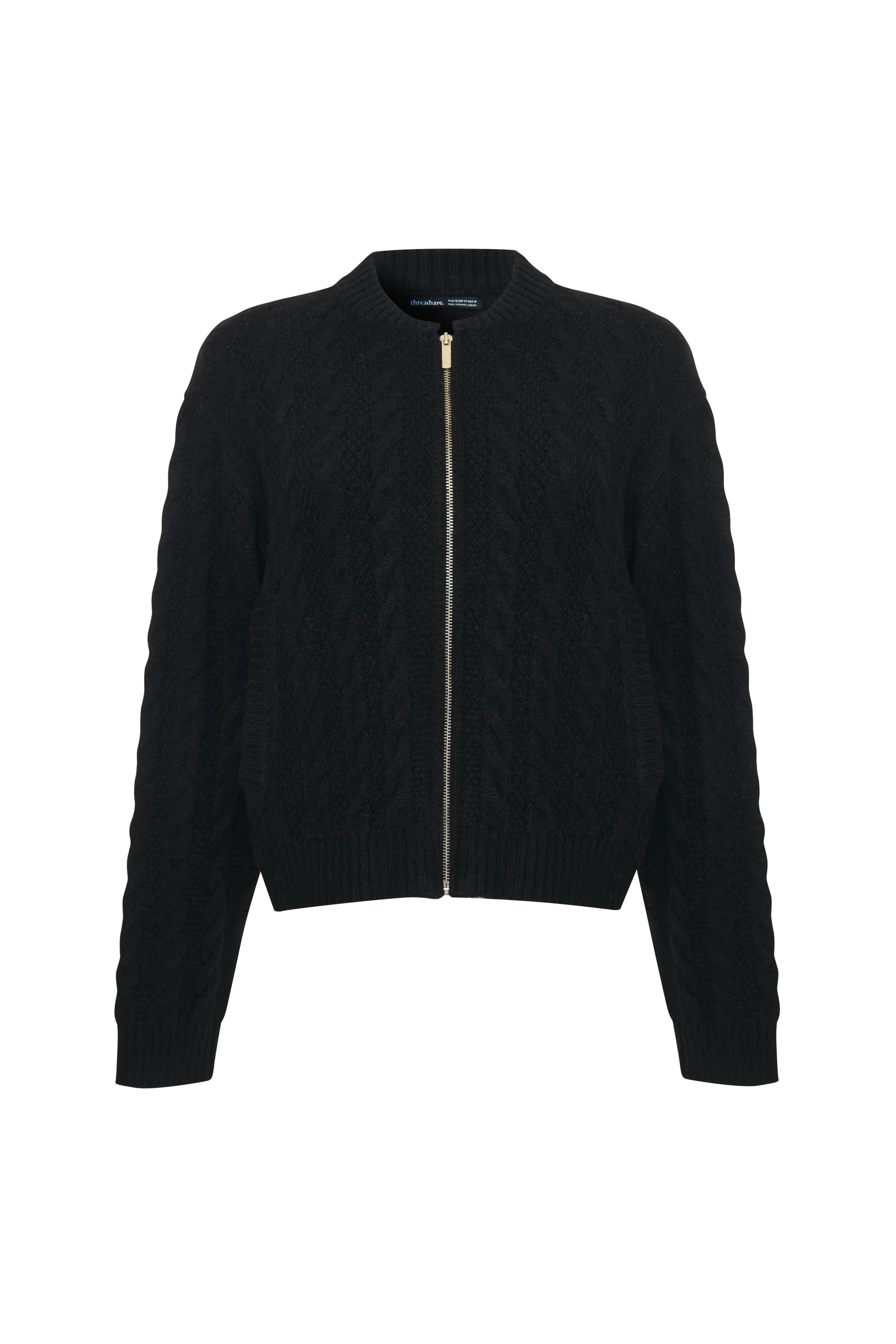 Cable Knit Zip-Up Bomber Jacket in Black - Image 7