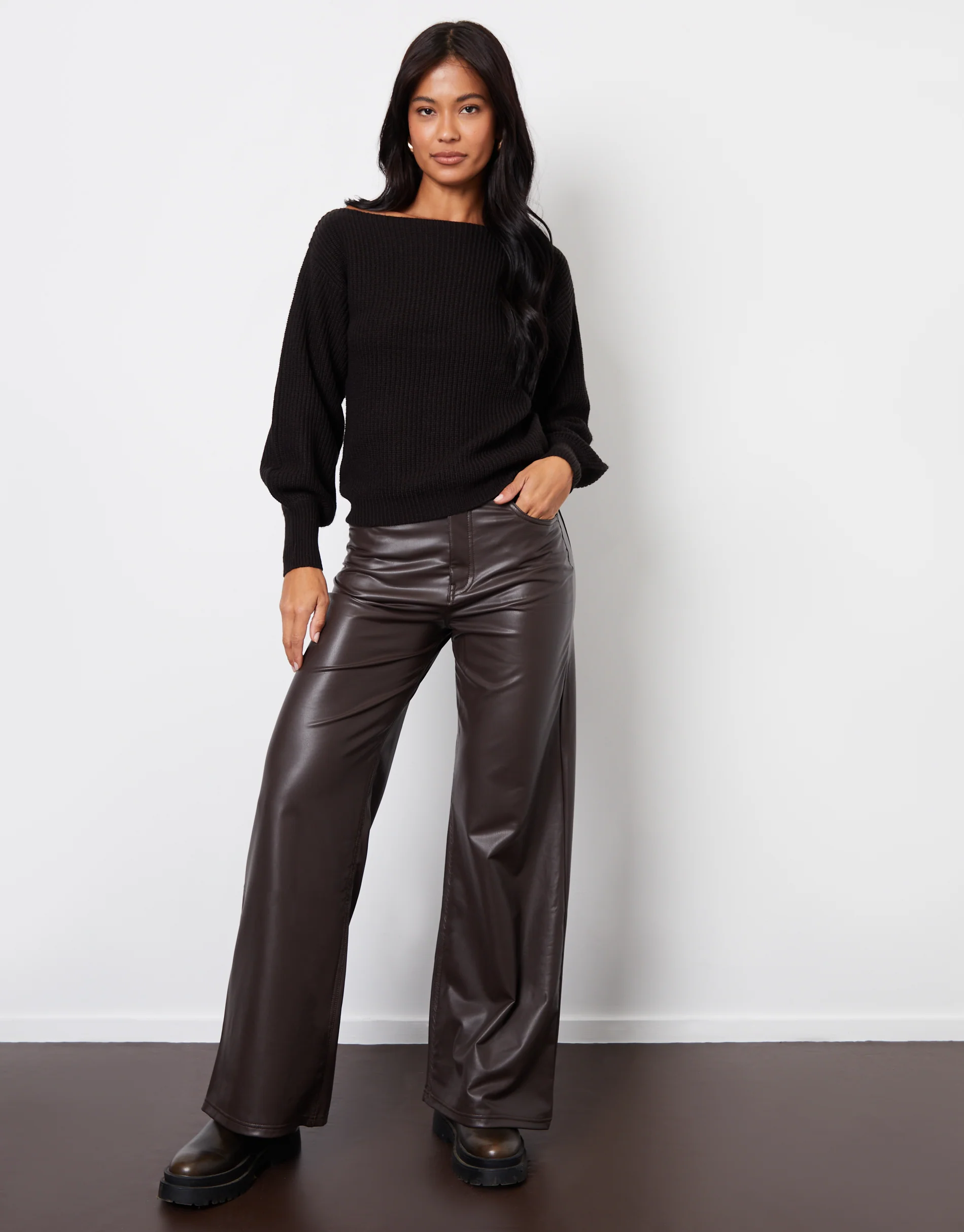 Chunky Knit Slash Neck Jumper in Black - Image 3