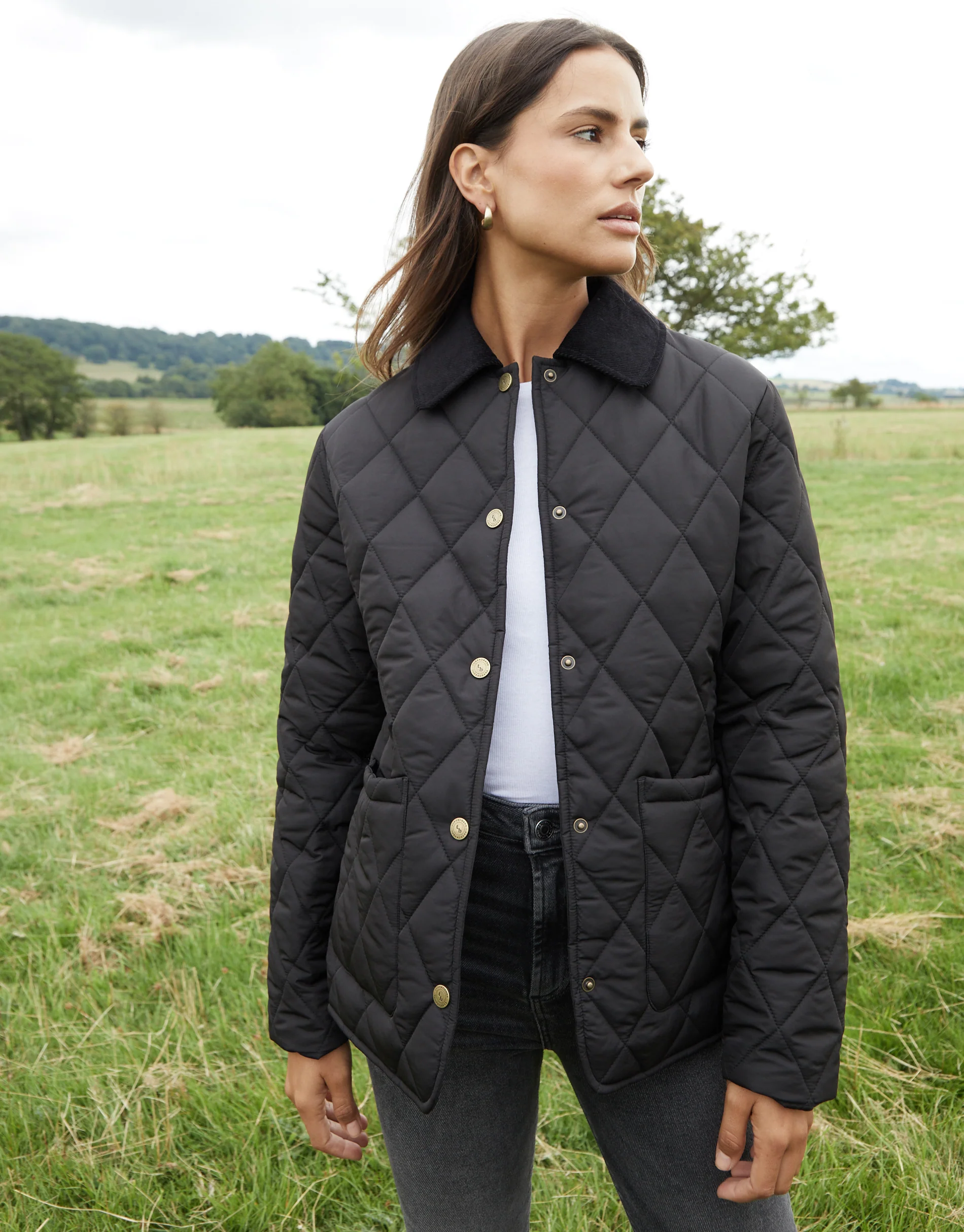 Cord Collar Diamond Quilted Heritage Jacket in Black