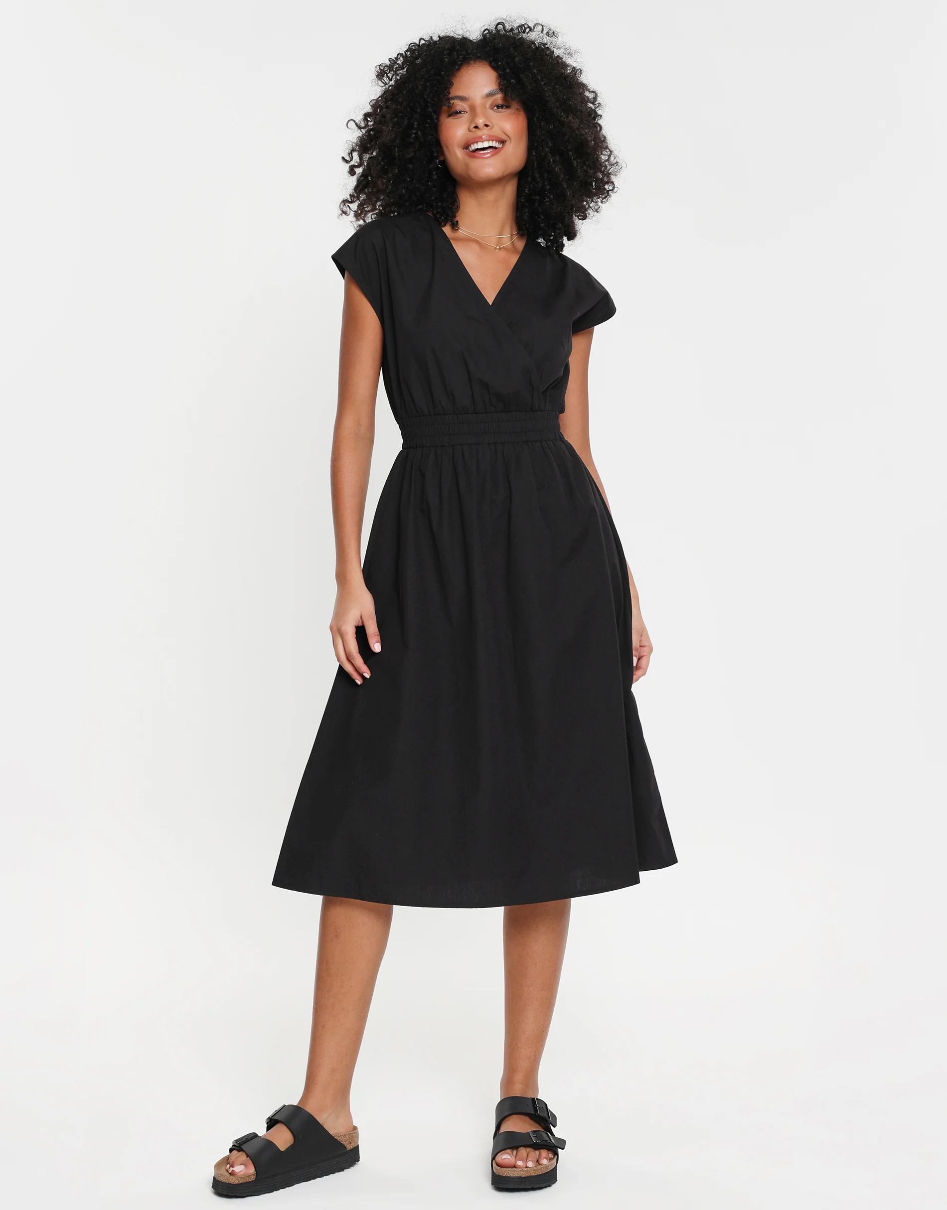 Cotton Poplin Tie Waist Sleeveless Midi Dress in Black