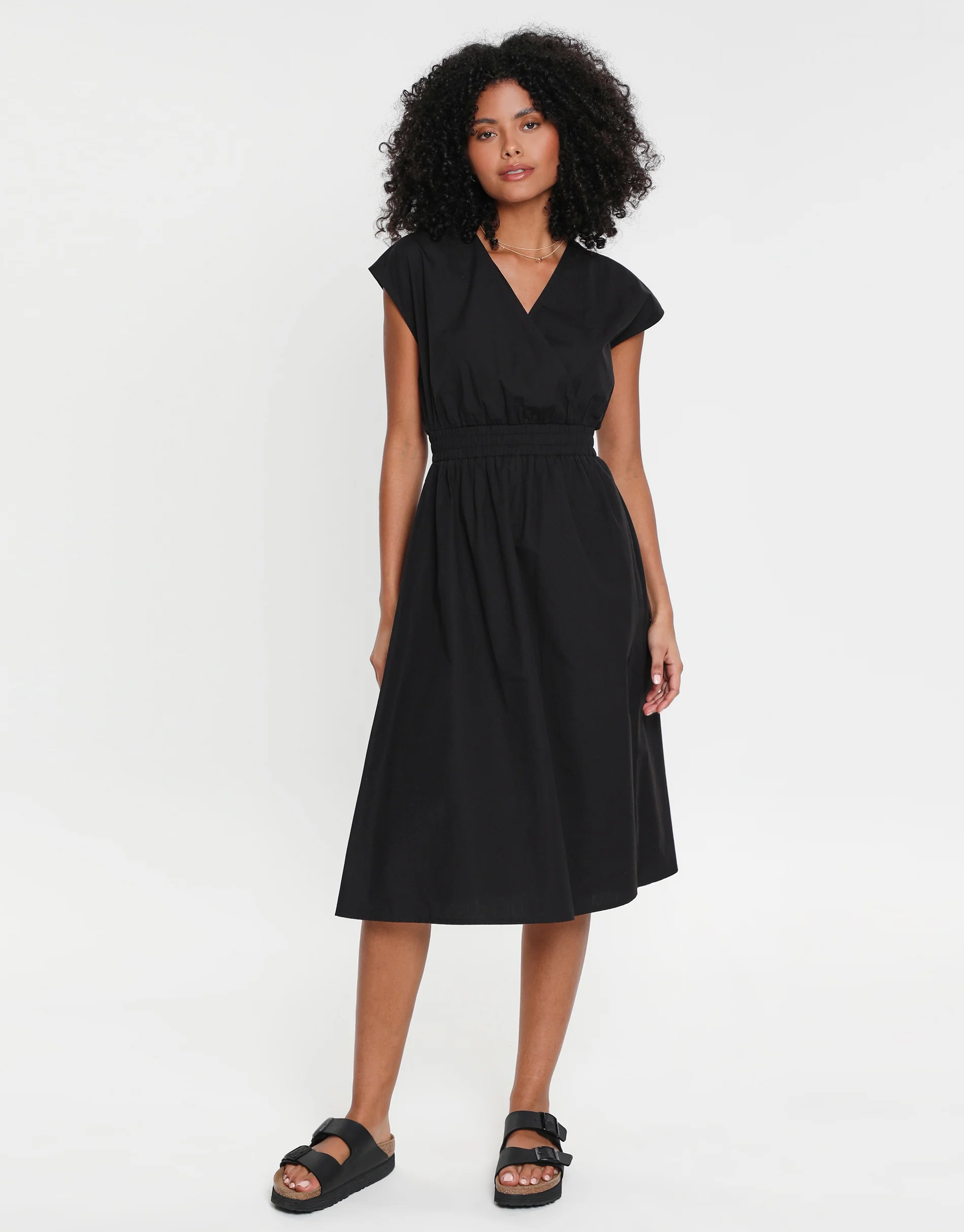 Cotton Poplin Tie Waist Sleeveless Midi Dress in Black - Image 3
