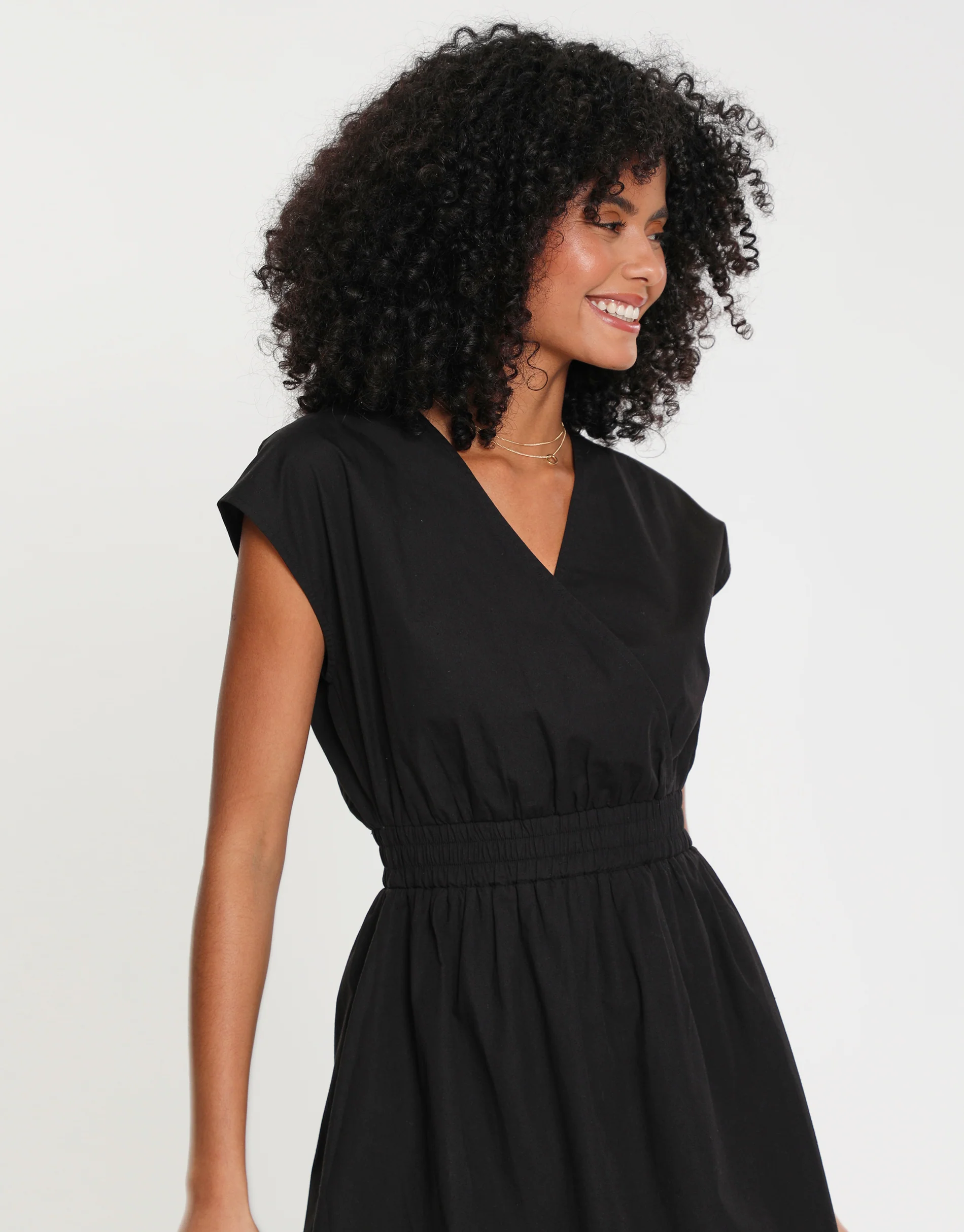 Cotton Poplin Tie Waist Sleeveless Midi Dress in Black - Image 4