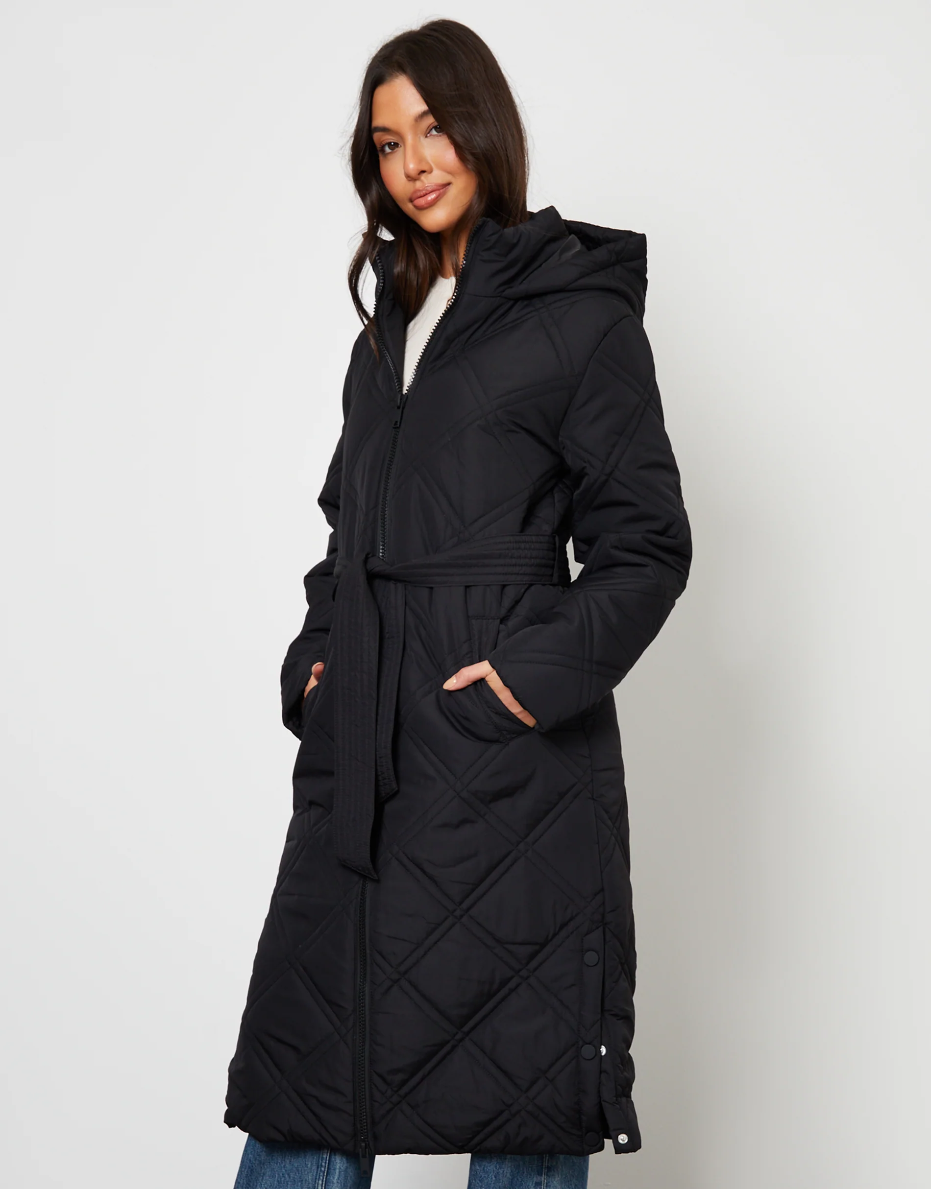 Diamond Quilted Belted Coat in Black