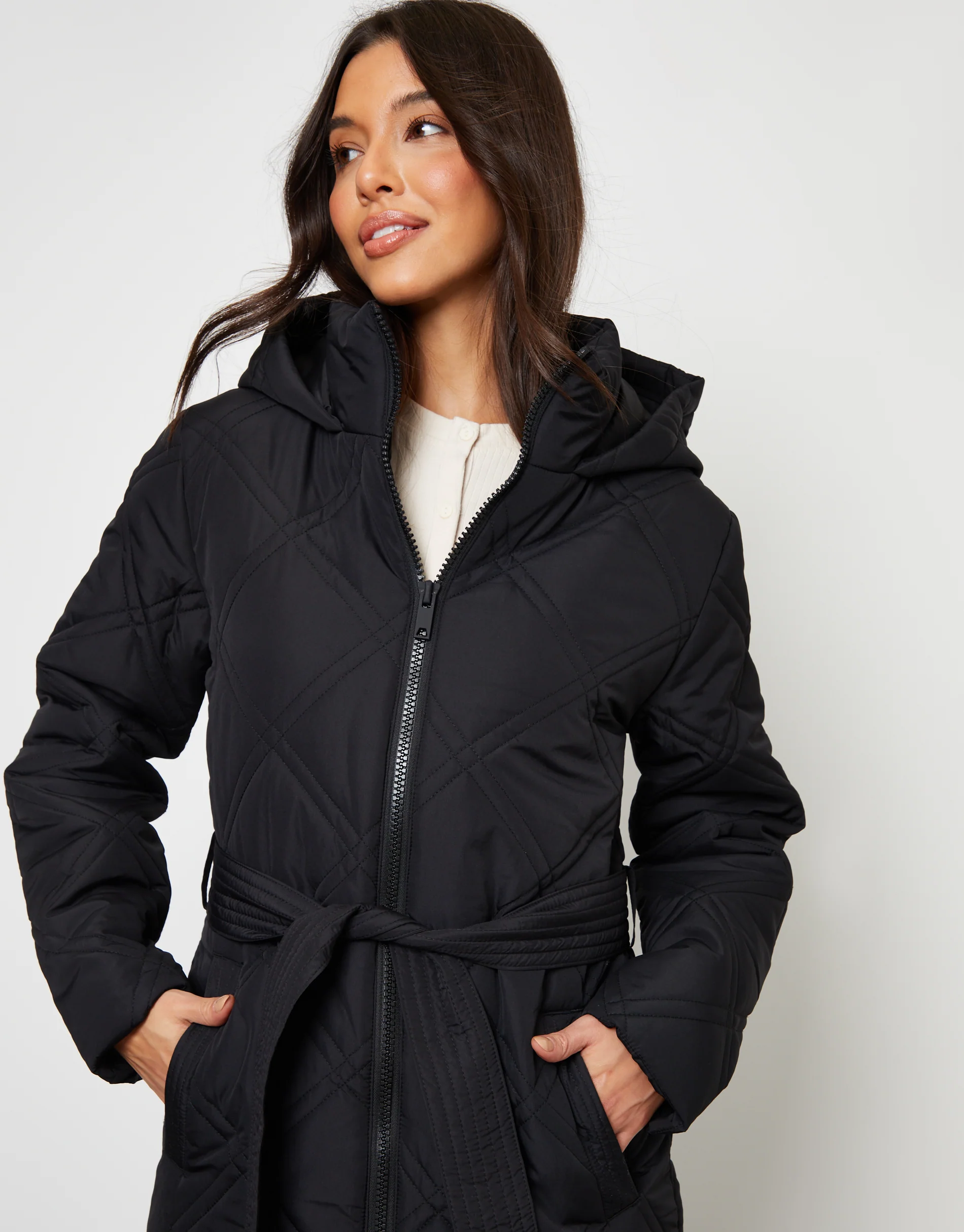 Diamond Quilted Belted Coat in Black - Image 2