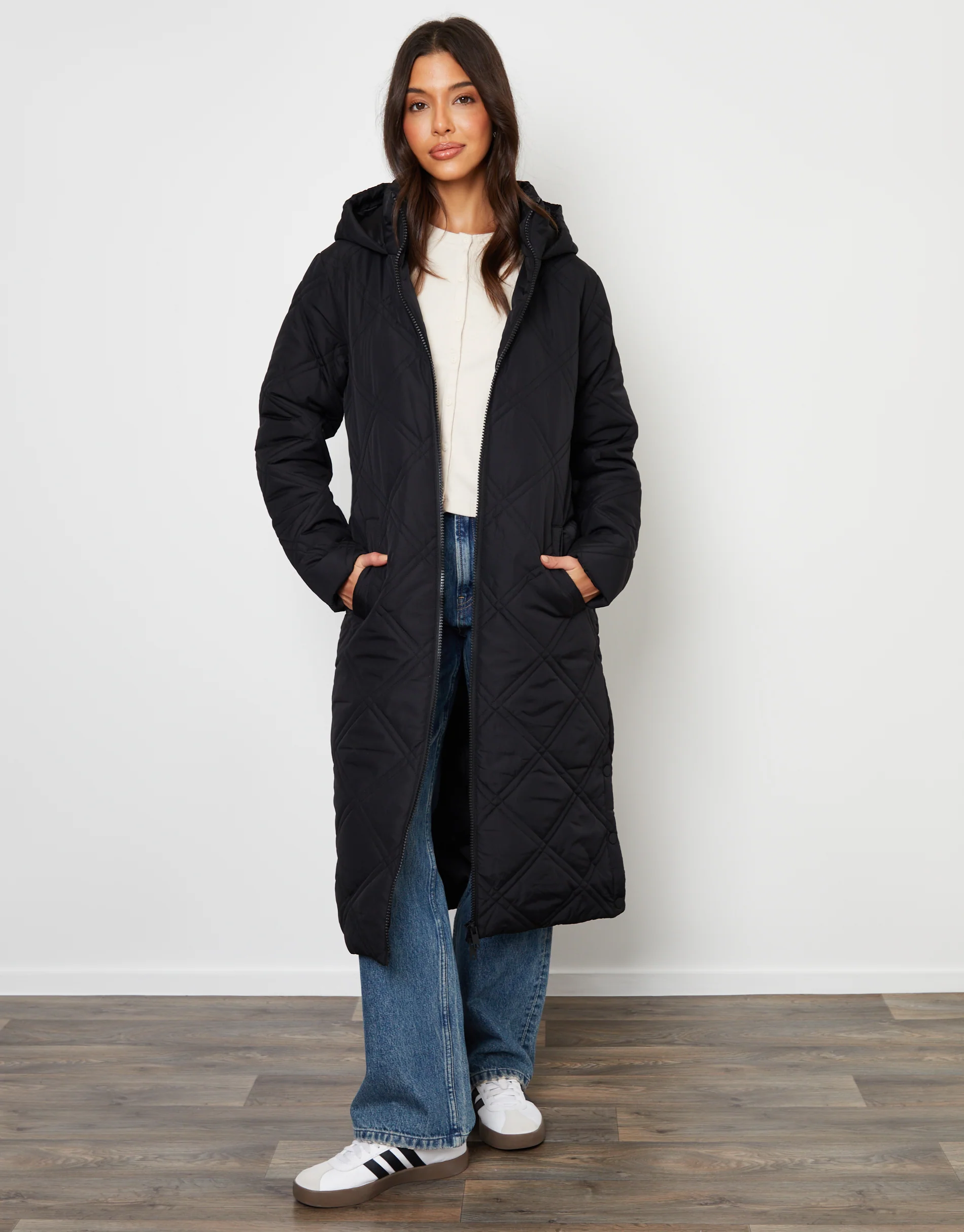 Diamond Quilted Belted Coat in Black - Image 3