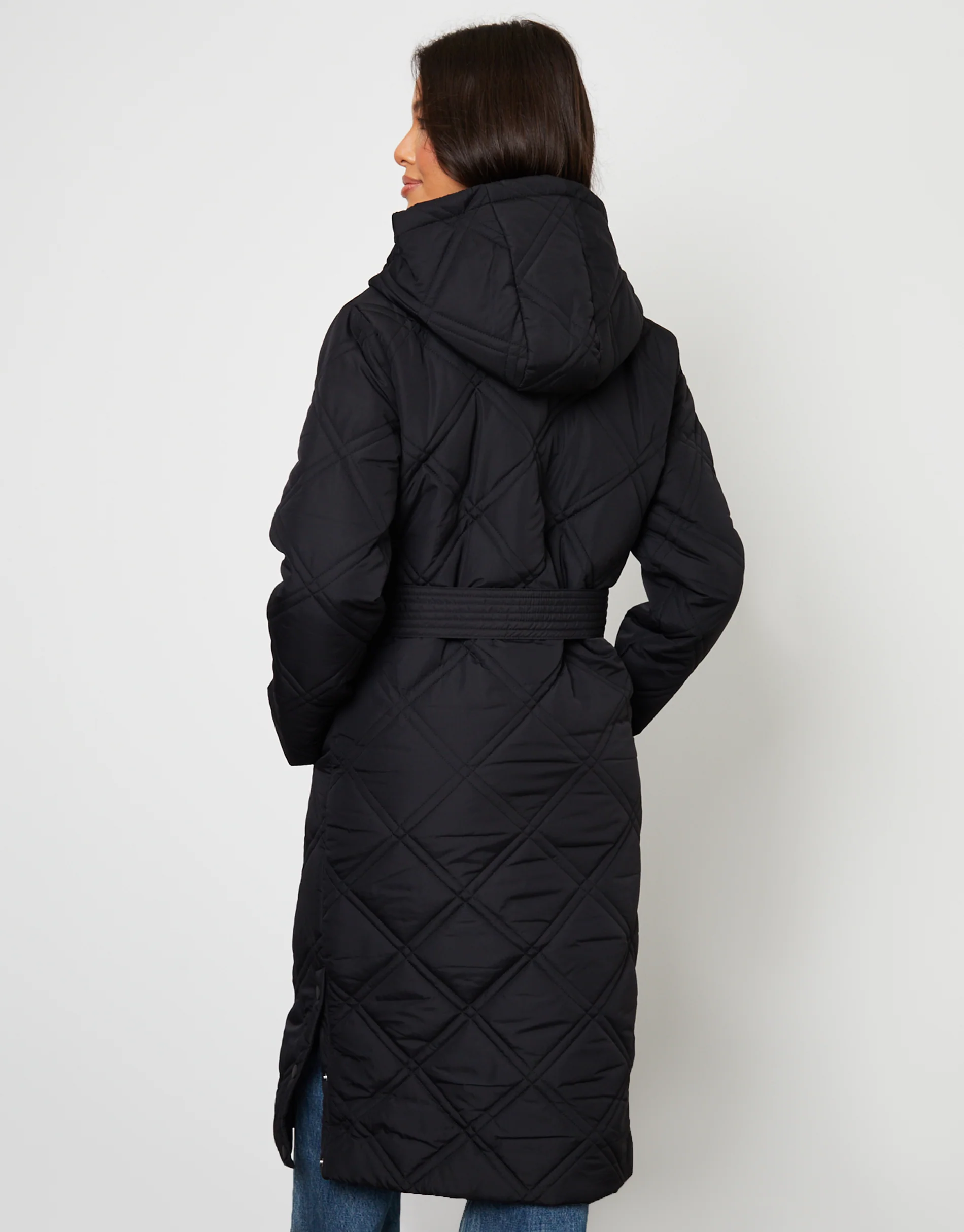 Diamond Quilted Belted Coat in Black - Image 4