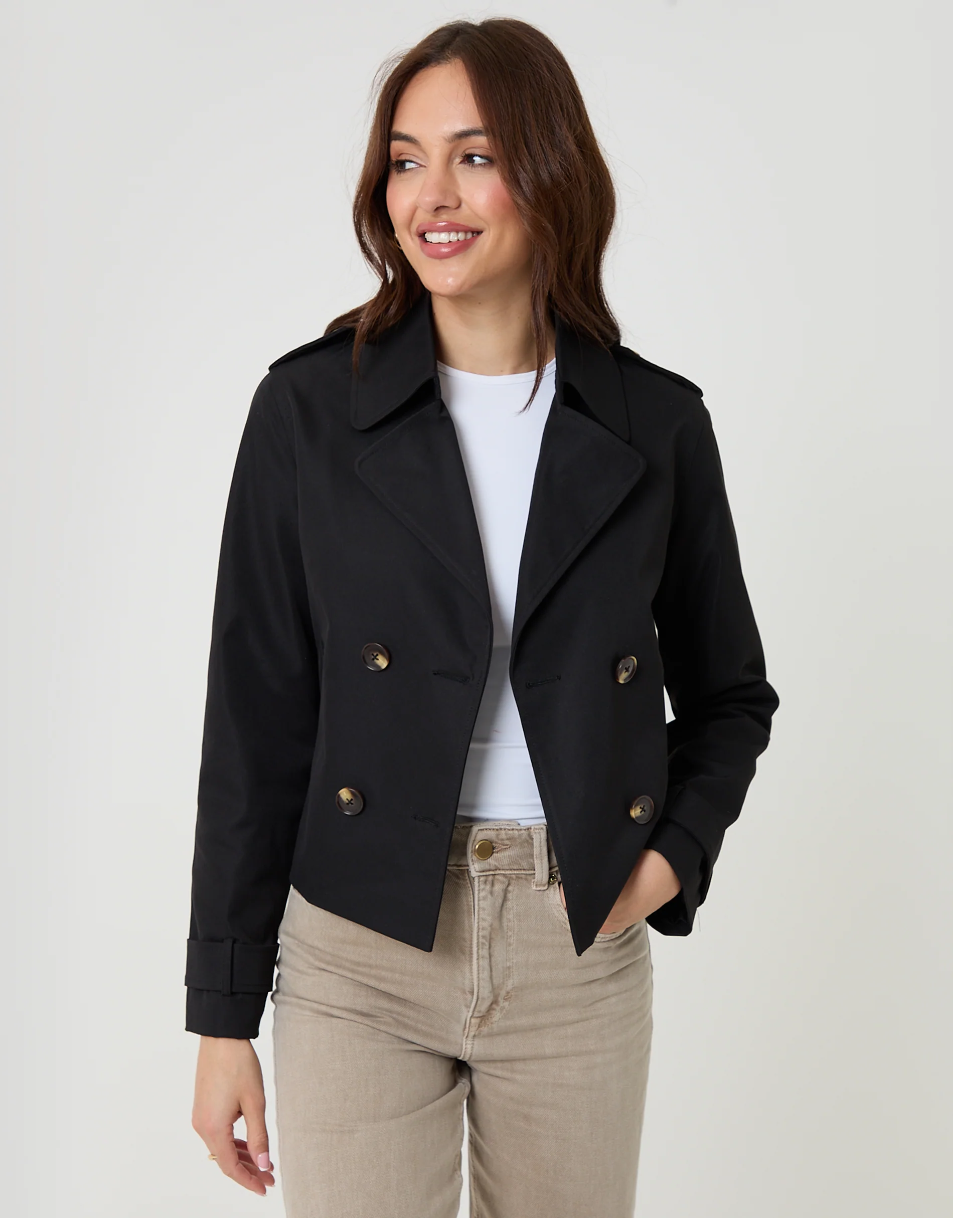 Double Breasted Cropped Trench Coat in Black