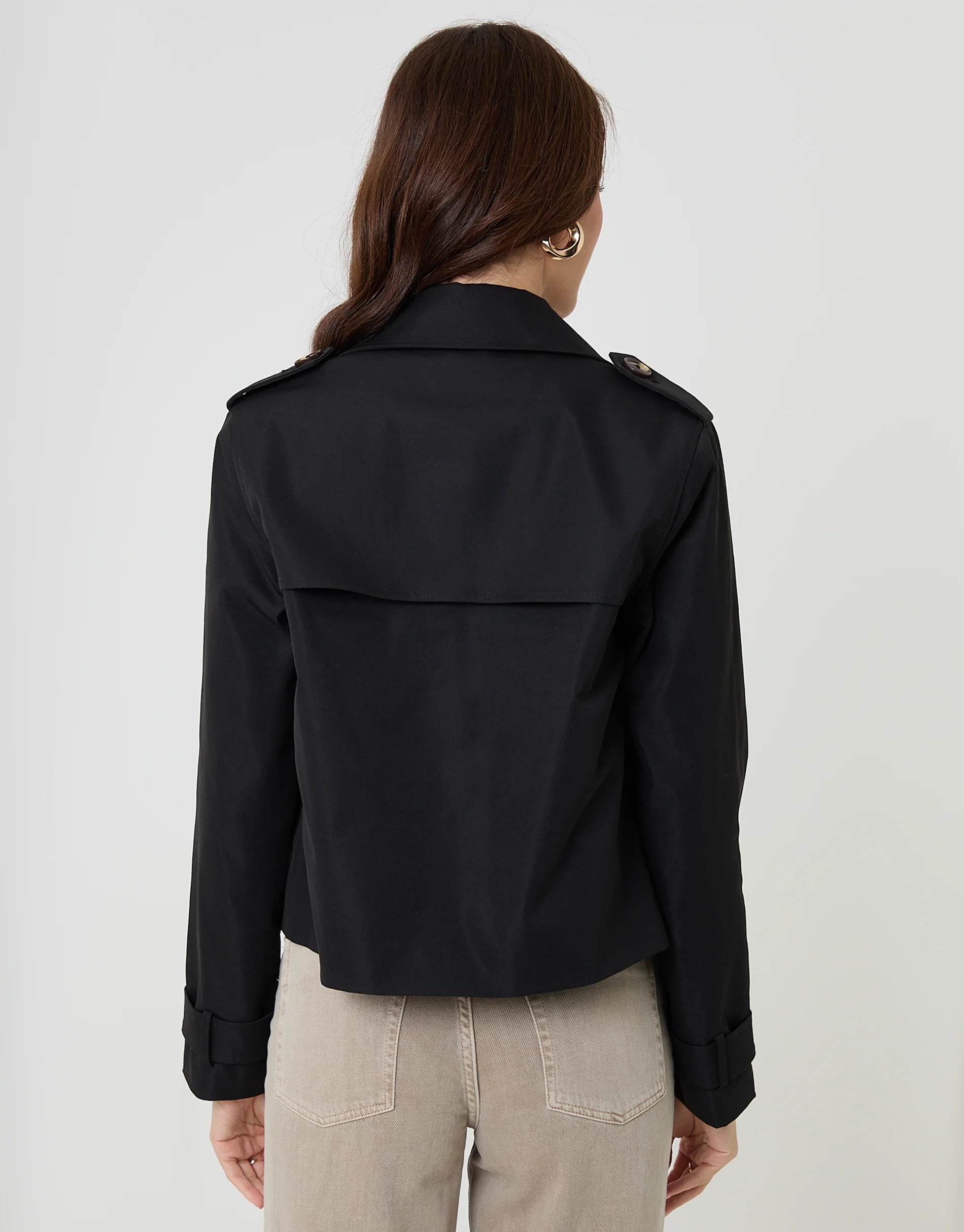 Double Breasted Cropped Trench Coat in Black - Image 2