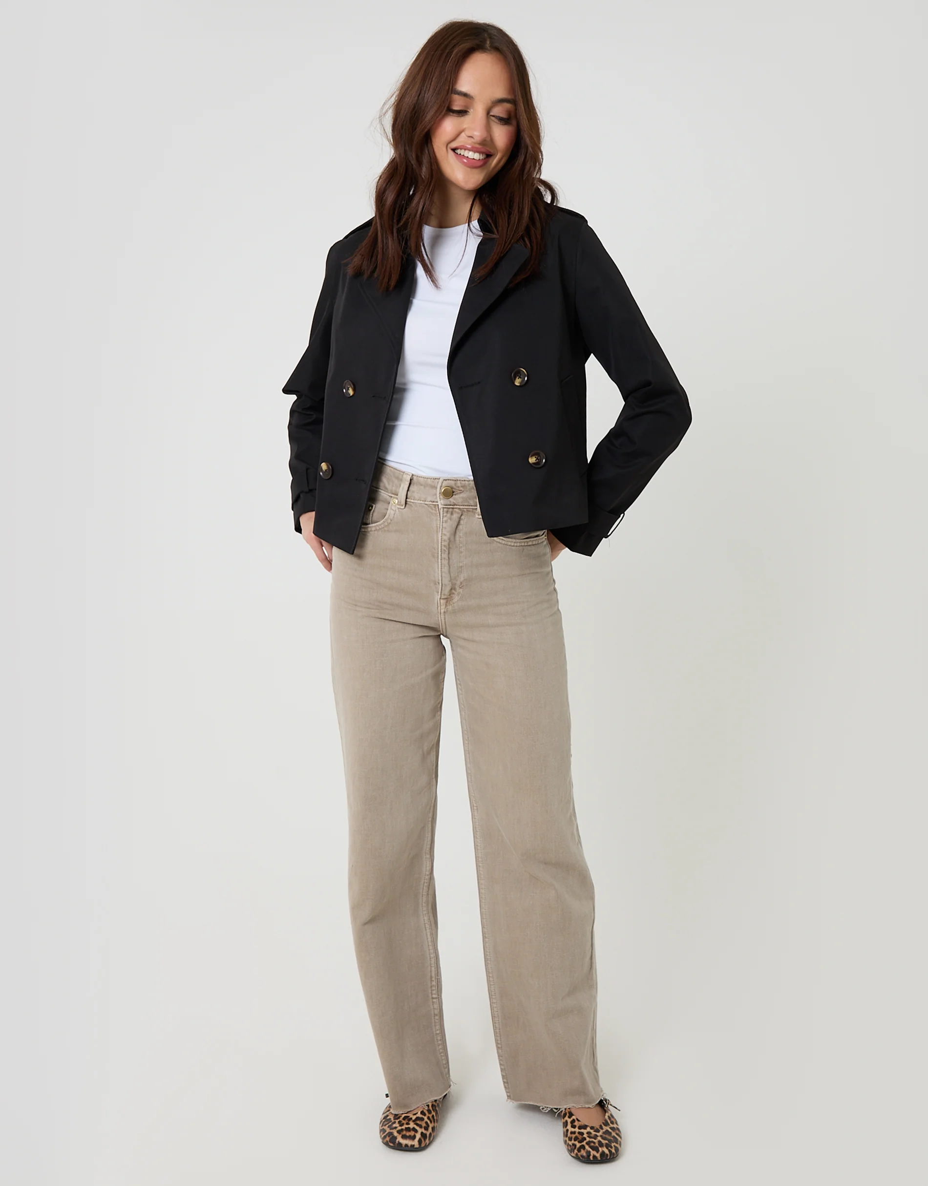 Double Breasted Cropped Trench Coat in Black - Image 3