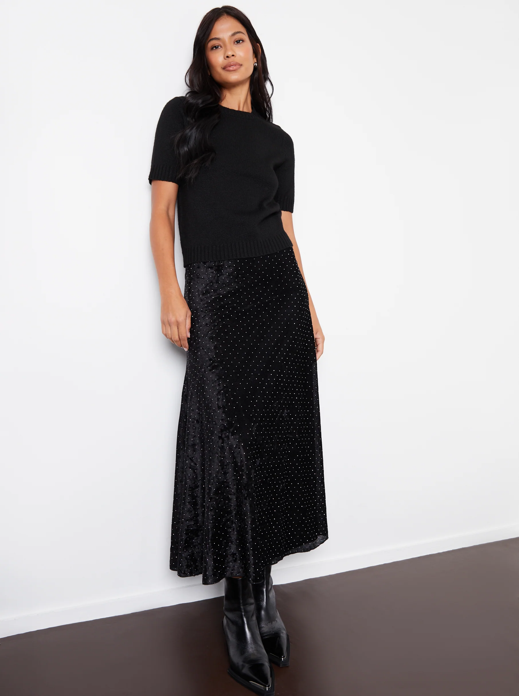 Embellished Mesh Velvet Maxi Skirt in Black - Image 4
