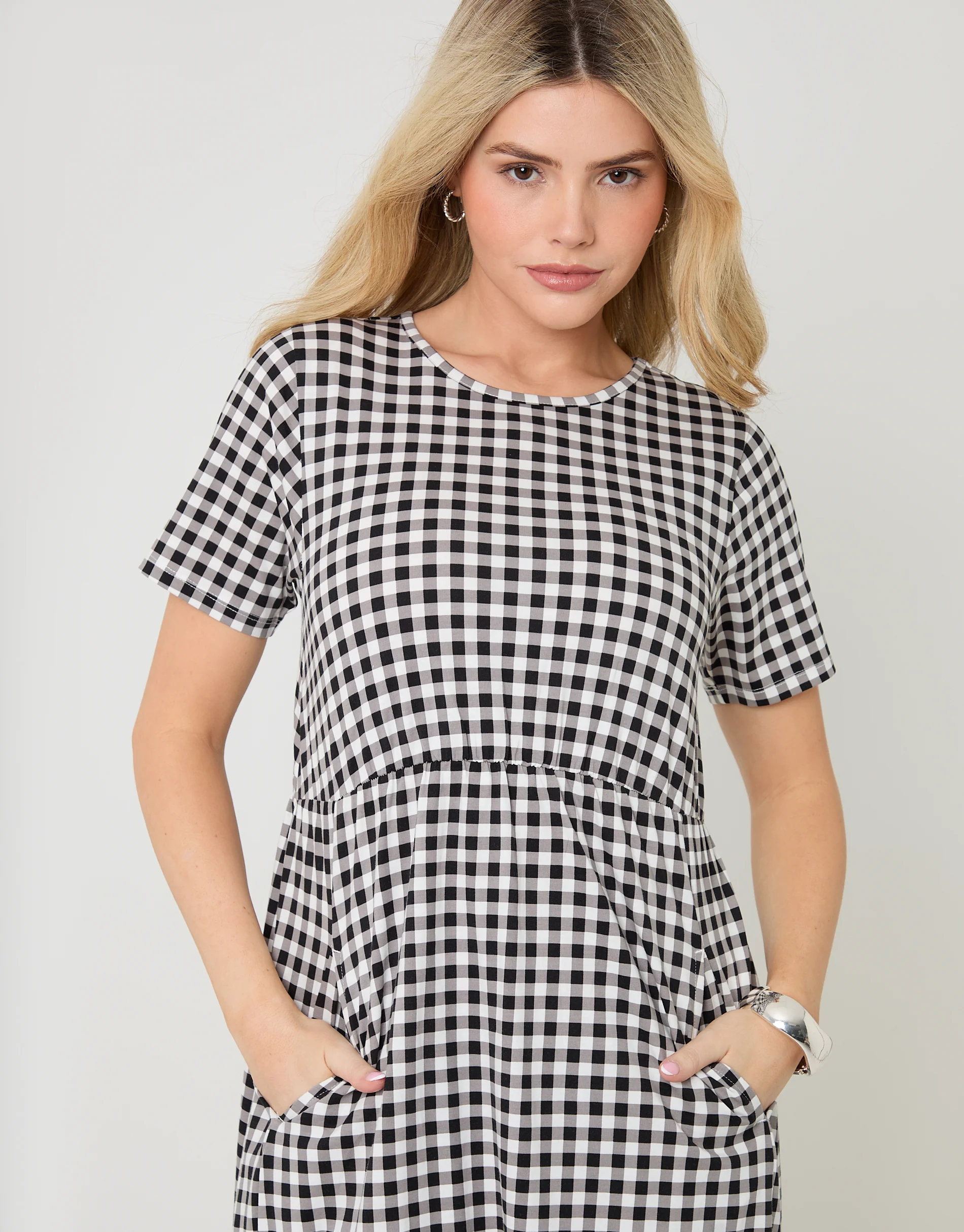 Jersey Midi Smock Dress with Pockets in Black Gingham - Image 4