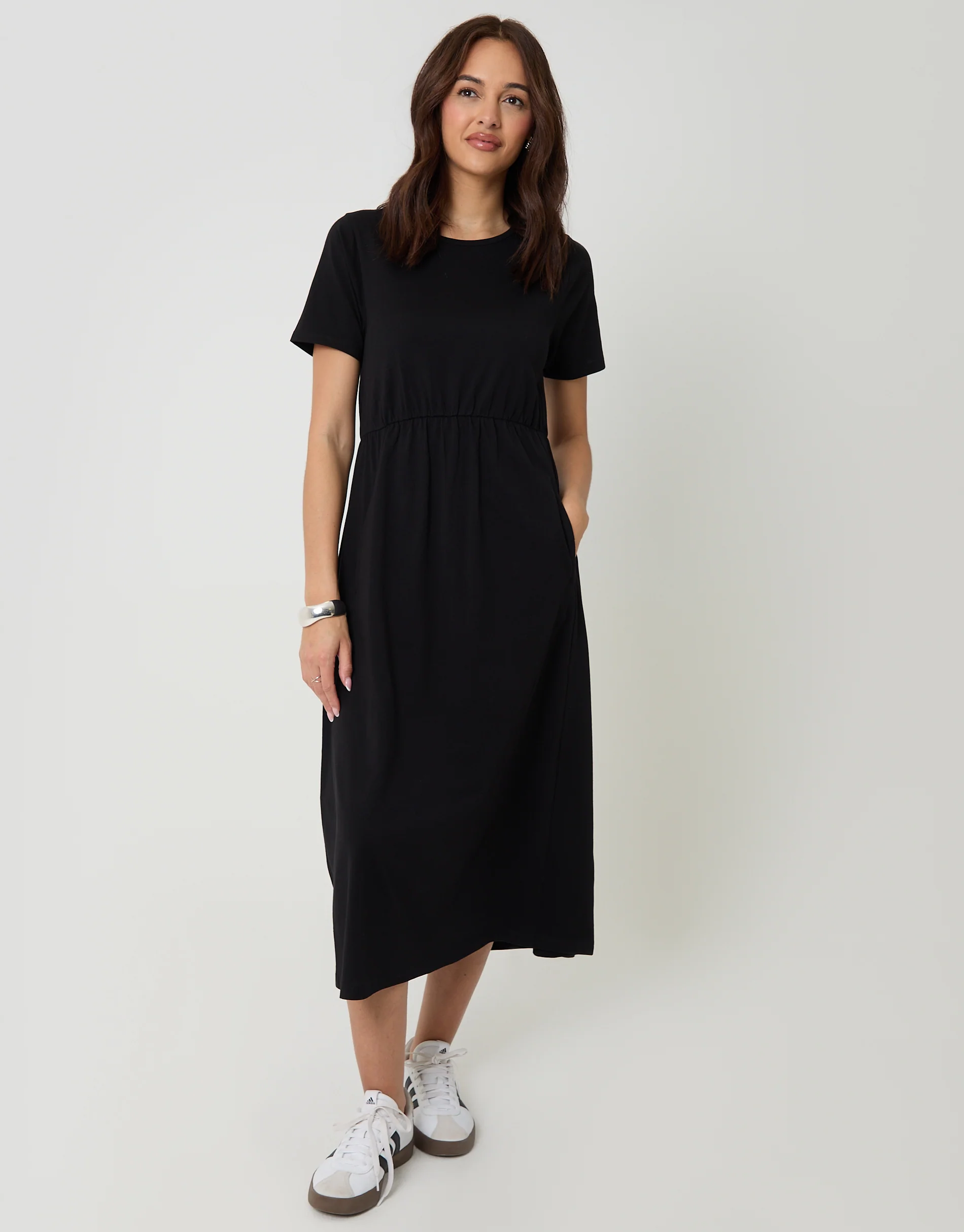 Jersey Midi Smock Dress with Pockets in Black