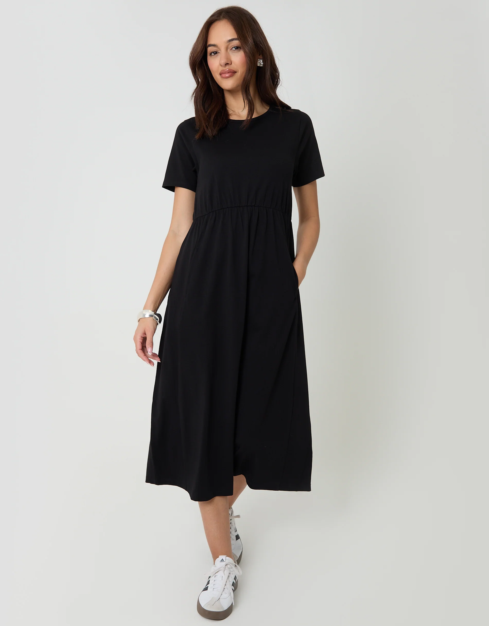 Jersey Midi Smock Dress with Pockets in Black - Image 3