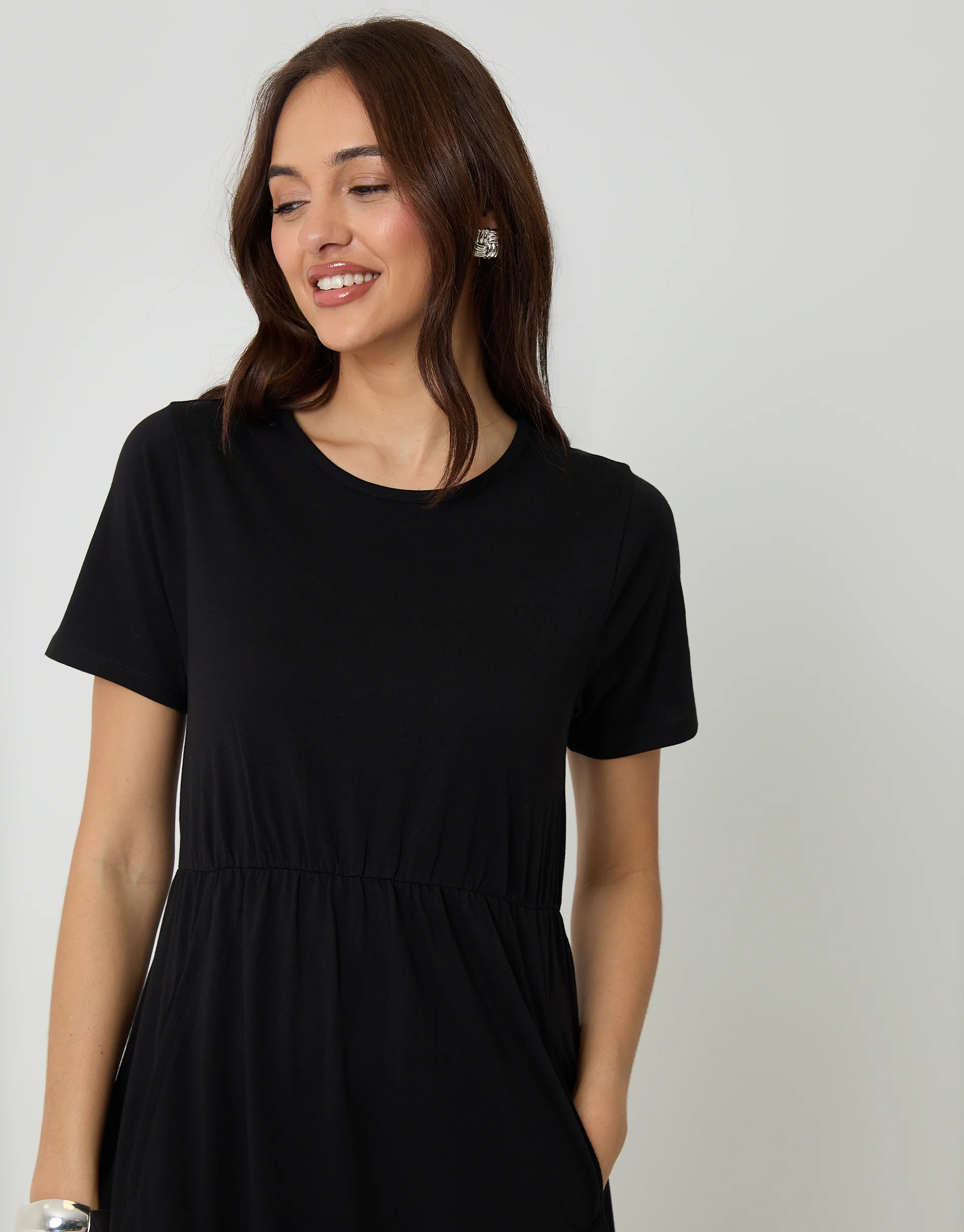 Jersey Midi Smock Dress with Pockets in Black - Image 4