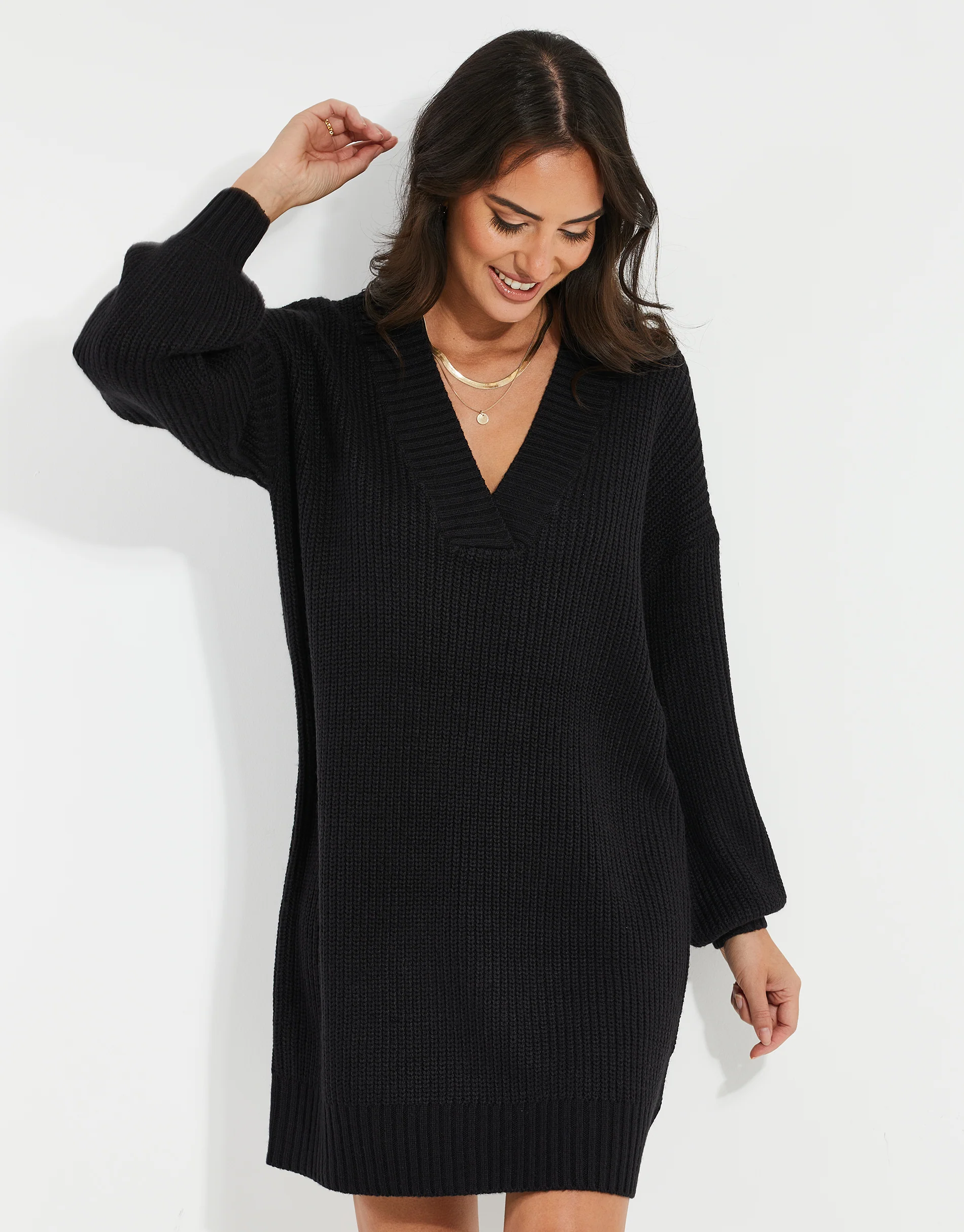 V-Neck Knitted Jumper Dress in Black