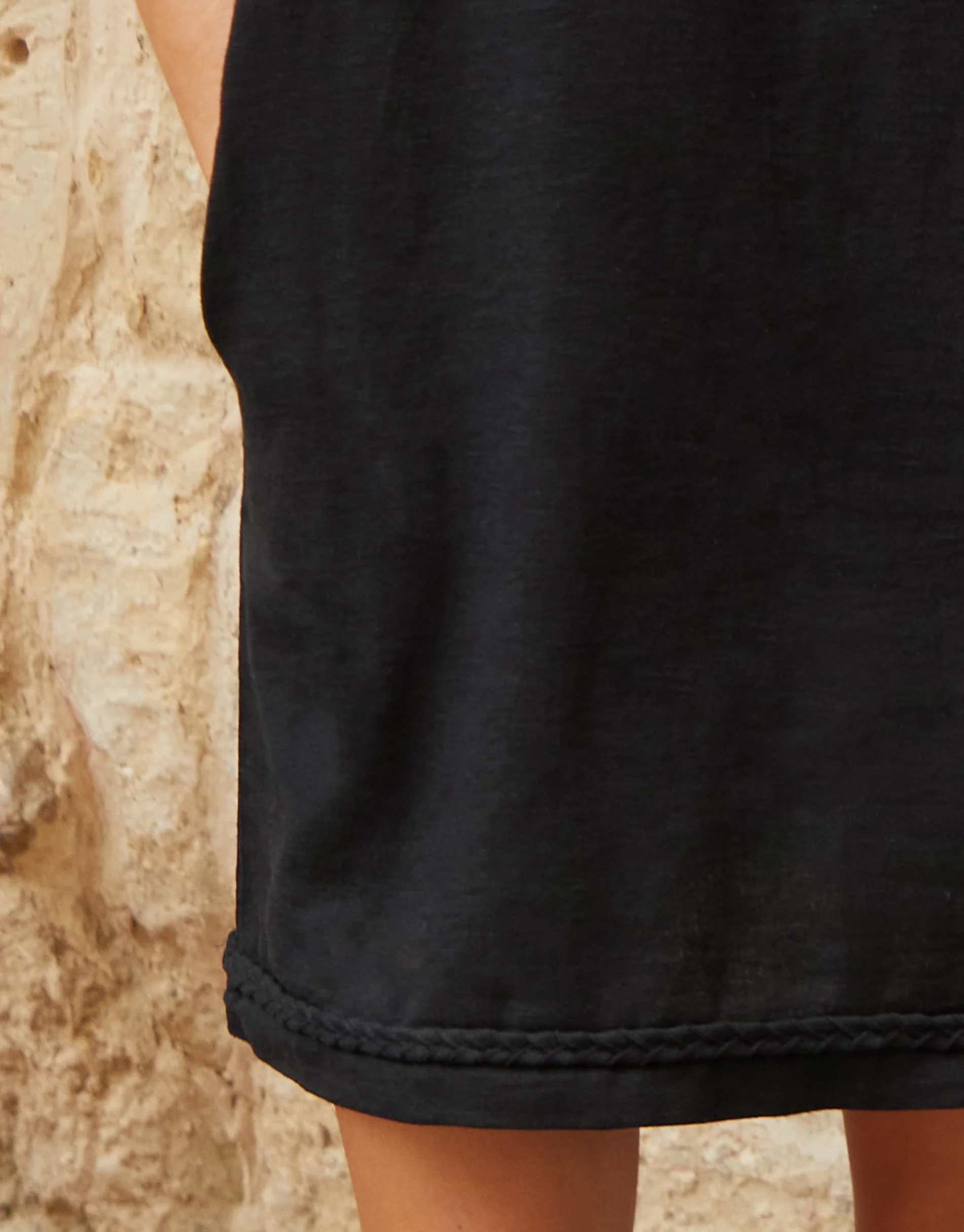 Linen Blend Lace Front Detail T-Shirt Dress in Black - Image 5