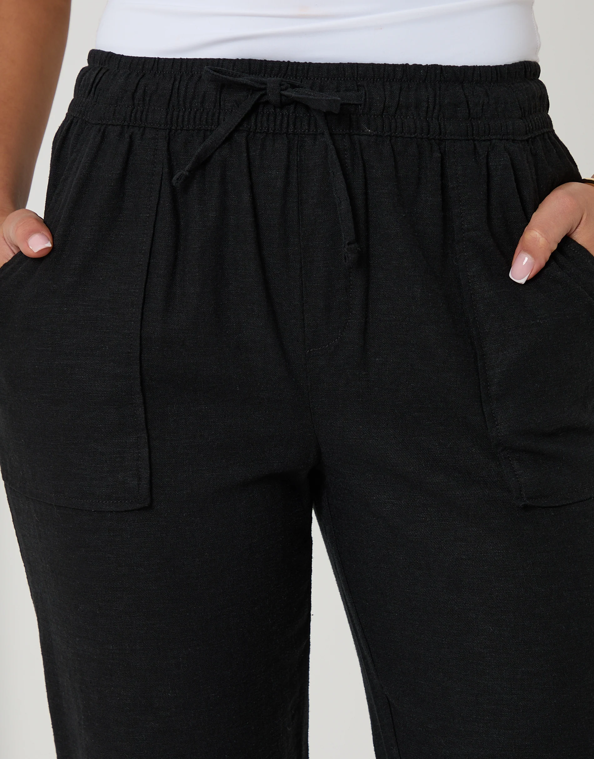 Linen Blend Drawstring Trousers in Black - Image 4