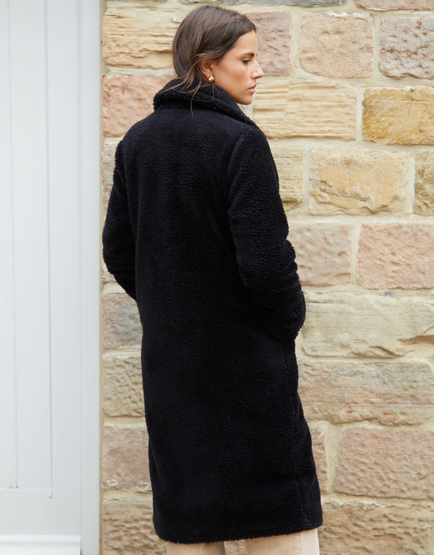Longline Borg Teddy Coat in Black - Image 2