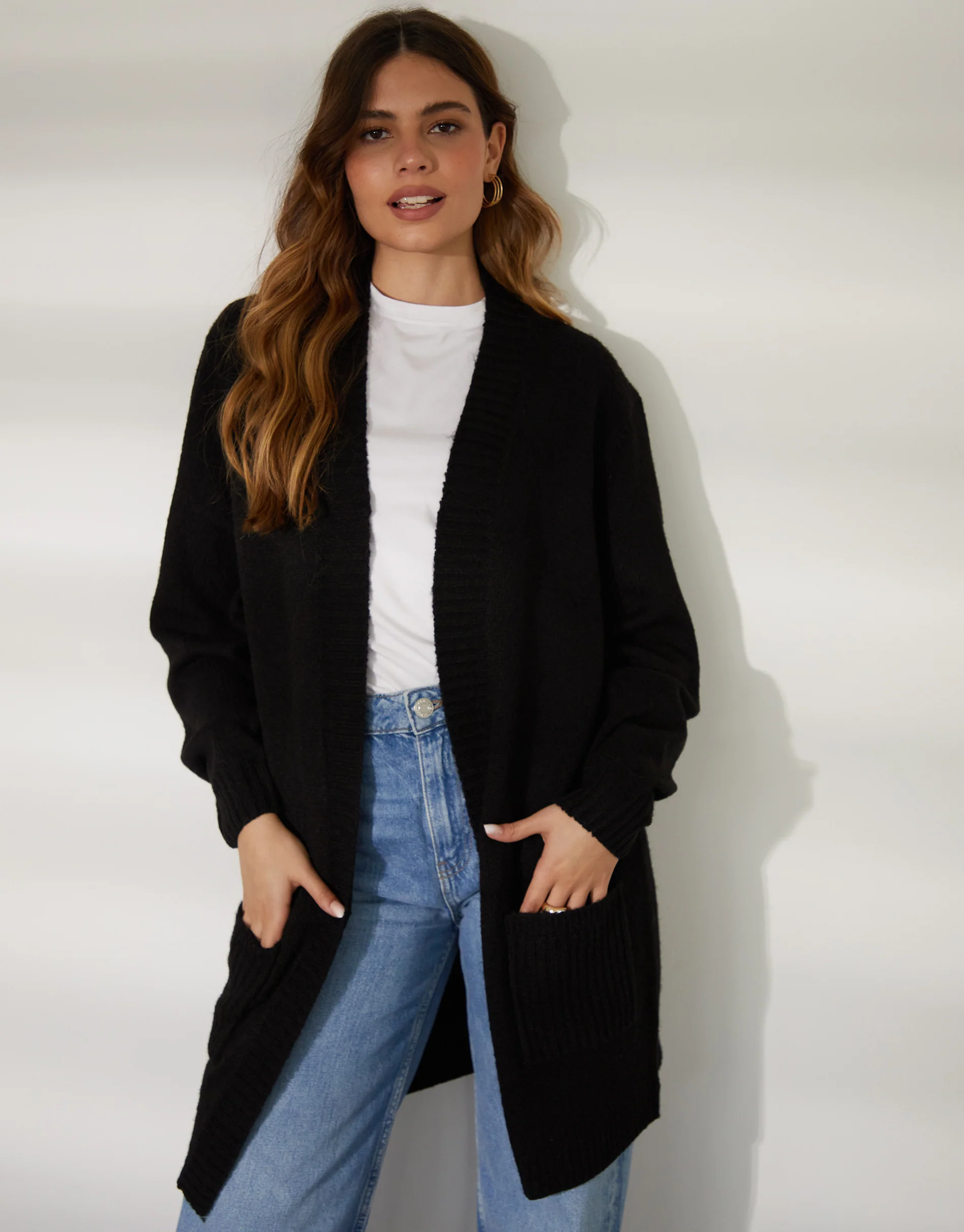 Longline Knitted Open Cardigan in Black